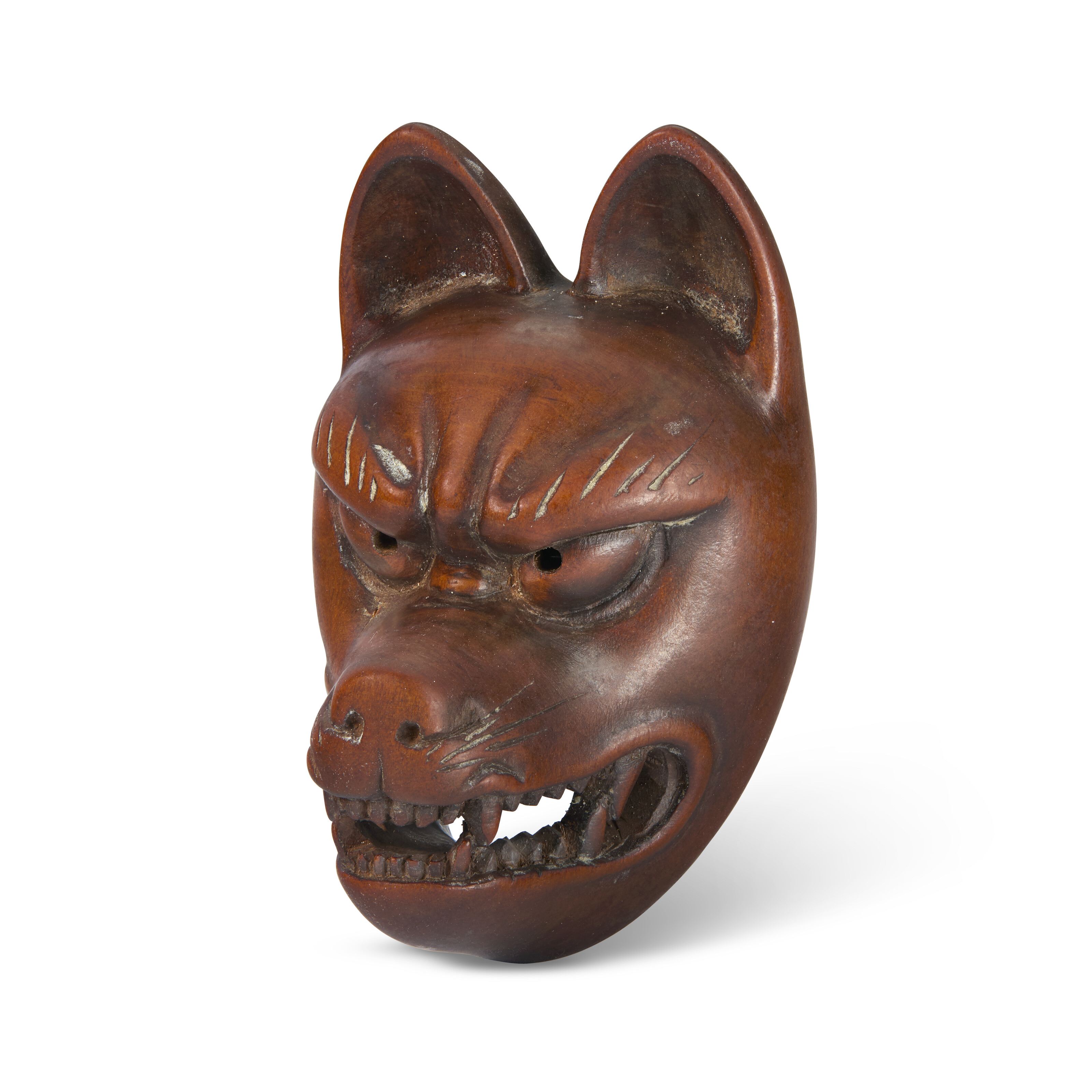 【根付(netsuke)】赤茶色の顔(面)の根付　木製　江戸時代 A CARVED WOOD SCULPTURE NETSUKE OF A FOX MASK, JAPAN, EDO PERIOD