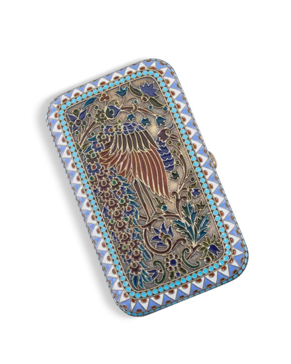 russian enamel cigarette case A RUSSIAN CLOISONNÉ AND PLIQUE-À-JOUR ENAMEL SILVER-GILT CIGARETTE CASE, BY  PAVEL OVCHINNIKOV, ST. PETERSBURG, CIRCA 1890