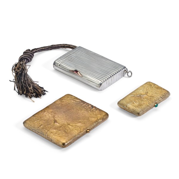 cigarette cases for sale THREE RUSSIAN GEM-SET SILVER AND SILVER-GILT CIGARETTE CASES, THE SILVER CIGARETTE  CASE, BY FABERGÉ, WORKMASTER ANDERS (ANTTI) NEVALAINEN, ST. PETERSBURG,  1899-1904, SCRATCHED INVENTORY NUMBER 11178; THE LARGE SILVER-GILT CIGARETTE  CASE, MAKER'S MARK