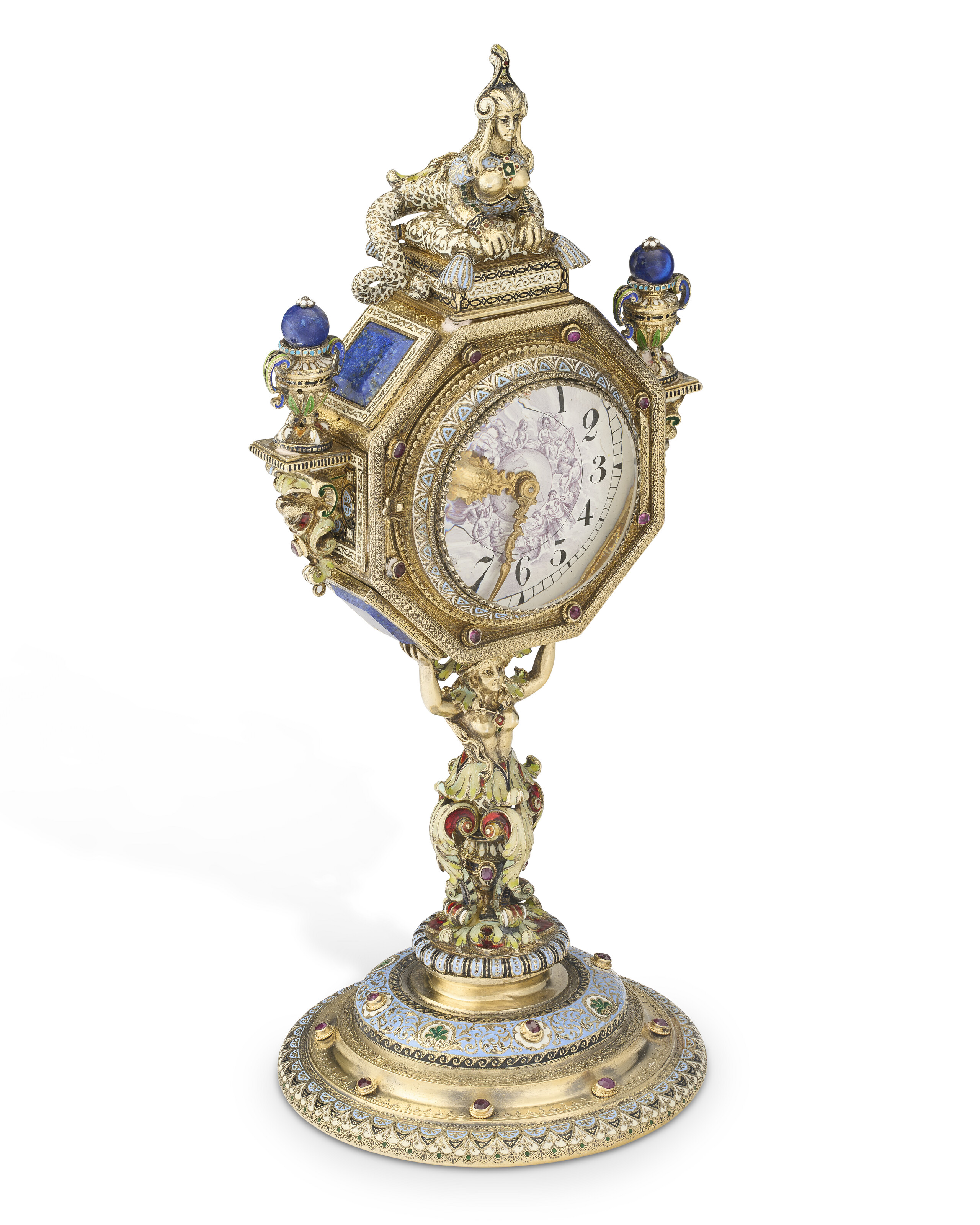 AN AUSTRIAN GEM AND LAPIS LAZULI-SET ENAMELED SILVER TABLE CLOCK, MARK ...