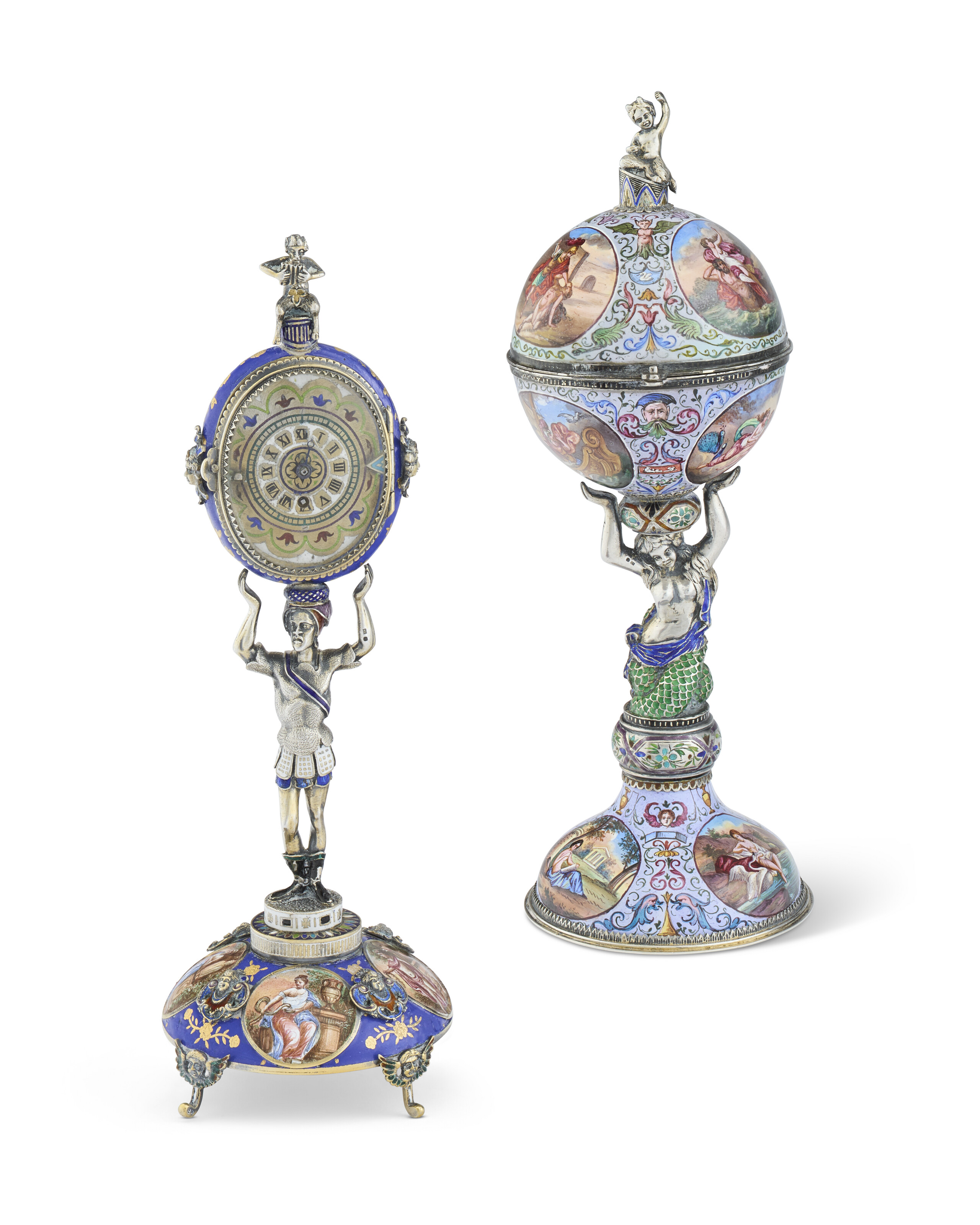 TWO AUSTRIAN SILVER AND ENAMEL TABLE CLOCKS, MARK OF HERMANN BÖHM ...