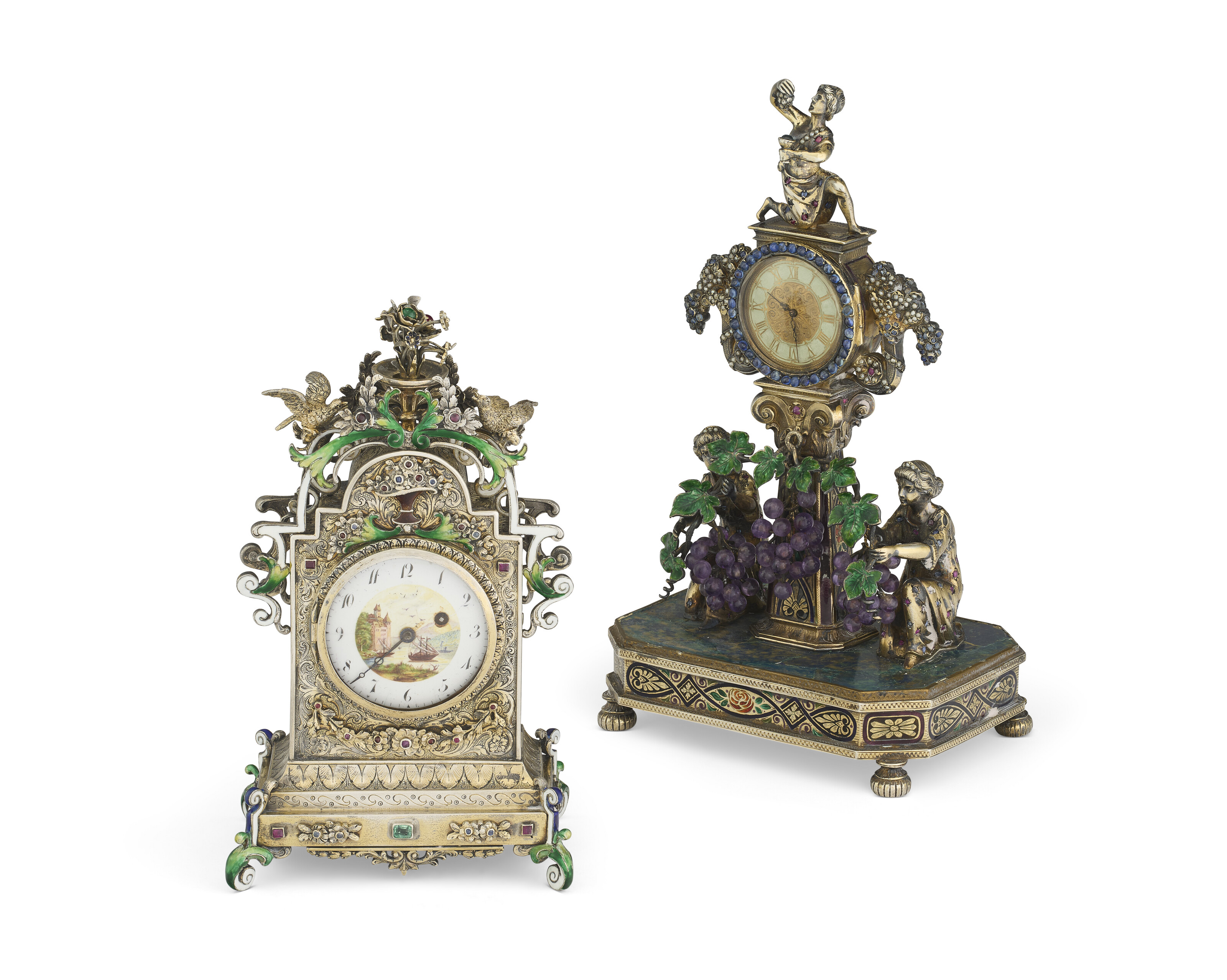 TWO AUSTRIAN GEM-SET AND ENAMELED SILVER-GILT AND HARDSTONE TABLE ...