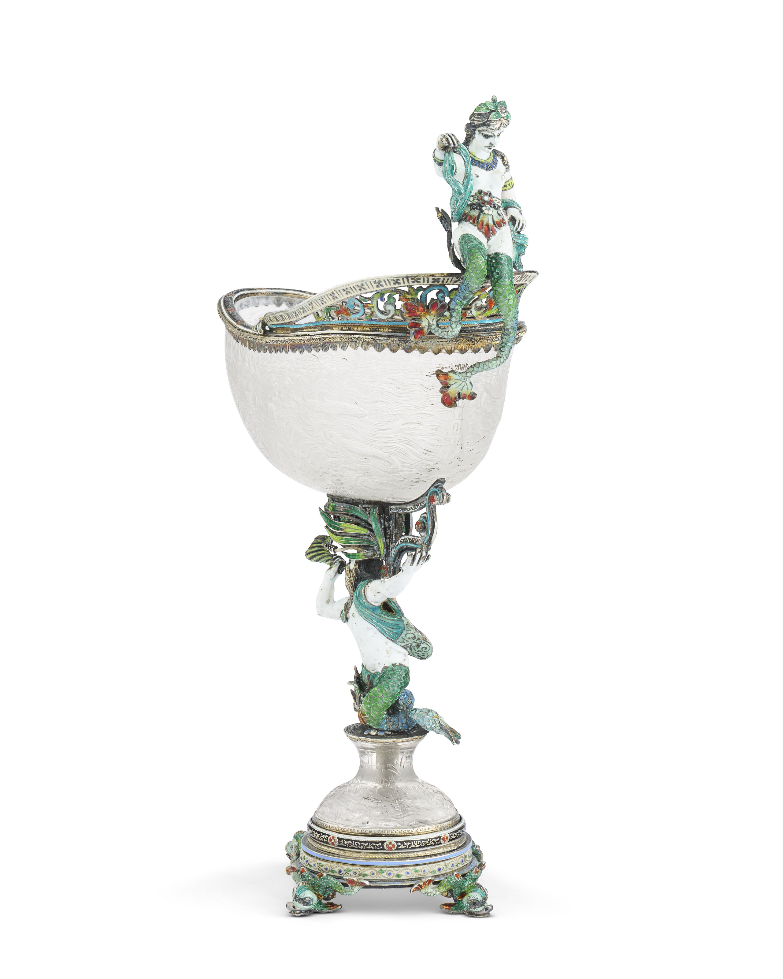 AN AUSTRIAN ENAMELED SILVER-MOUNTED ROCK CRYSTAL COUPE, IN THE