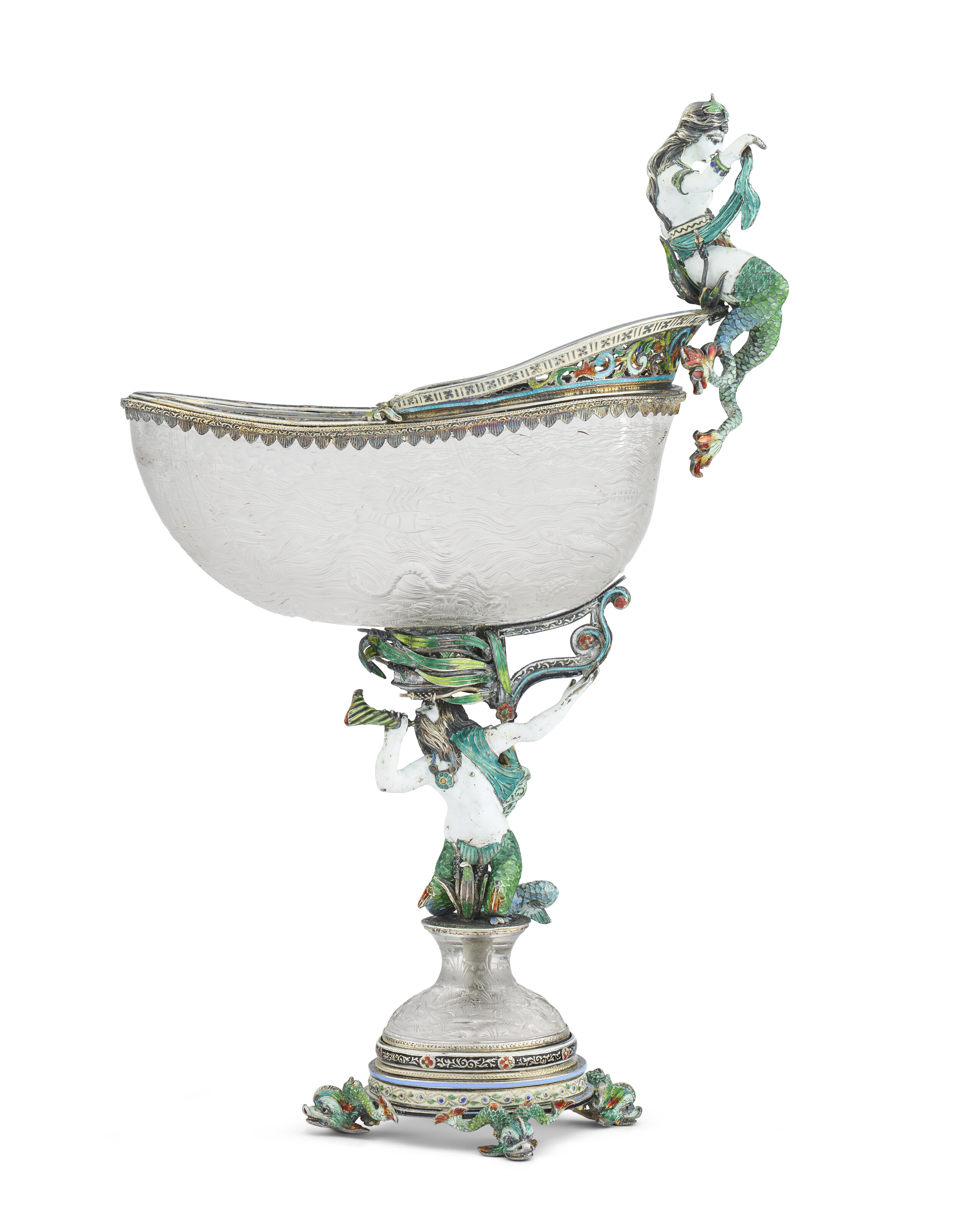 AN AUSTRIAN ENAMELED SILVER-MOUNTED ROCK CRYSTAL COUPE, IN THE