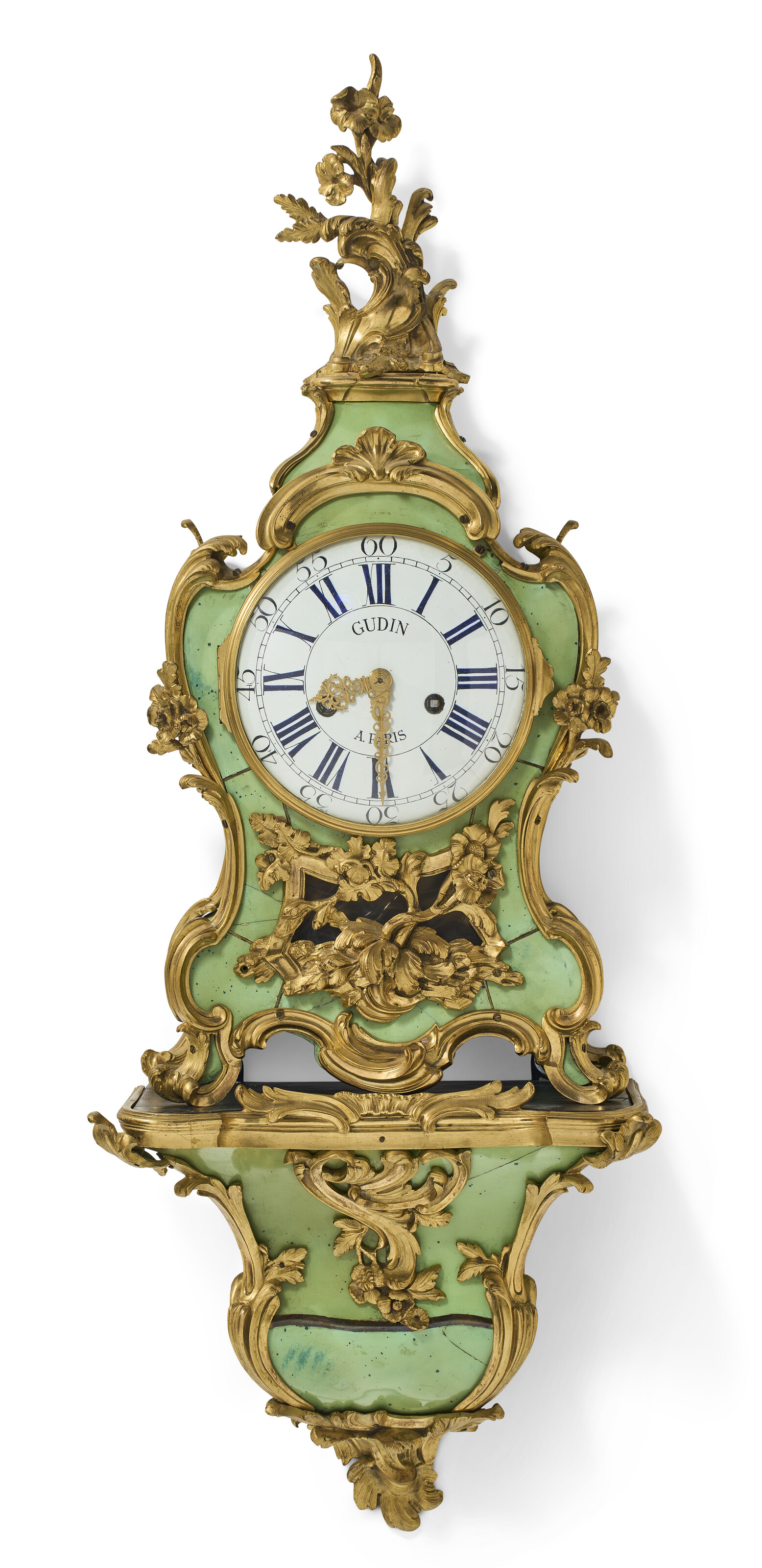 A LOUIS XV ORMOLU-MOUNTED GREEN STAINED-HORN CARTEL CLOCK, THE