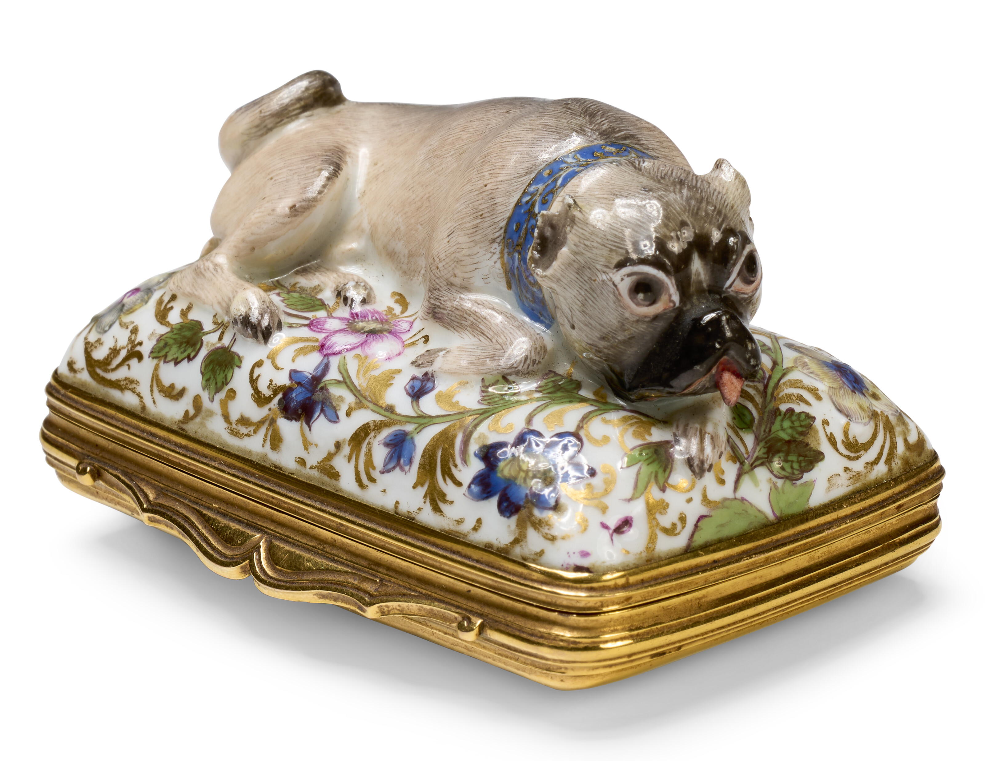 A SILVER-GILT MOUNTED MEISSEN PORCELAIN 'MASONIC' PUG-FORM SNUFF