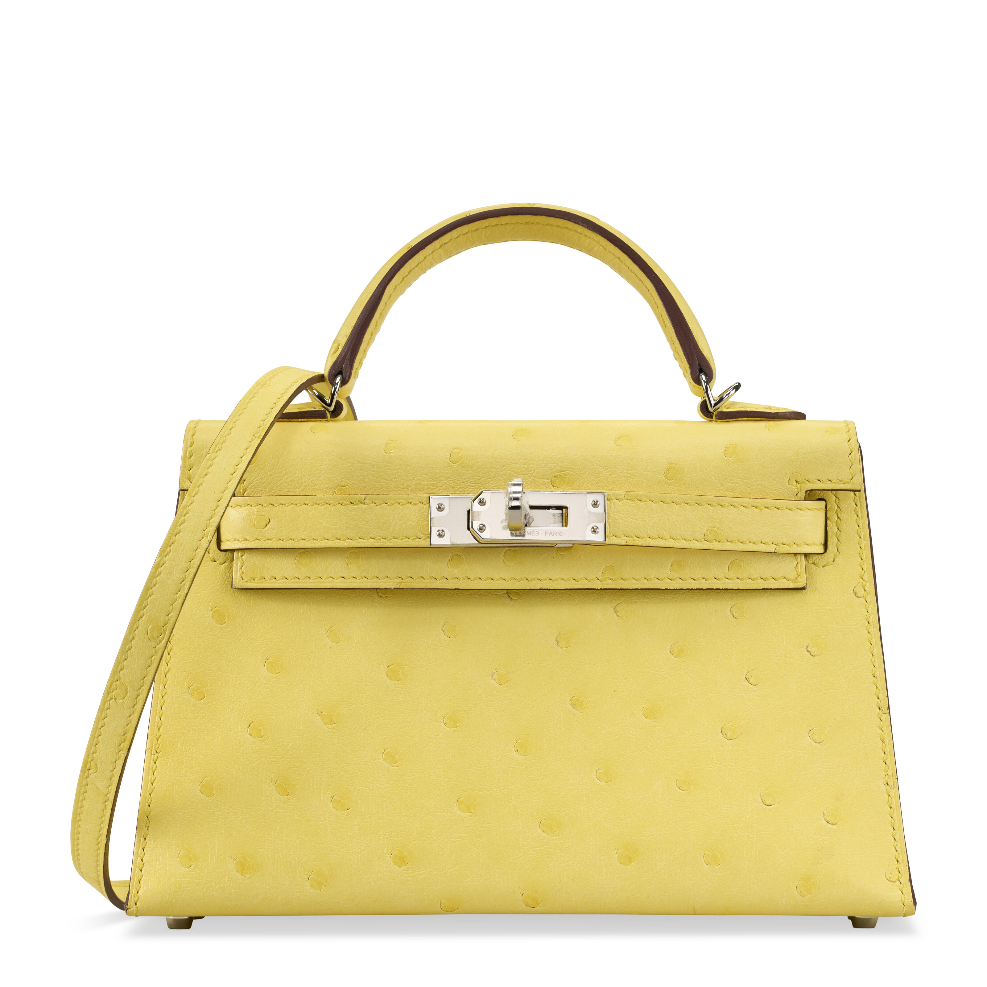 A JAUNE CITRON BOREAL SATINE OSTRICH MINI KELLY II 20 WITH