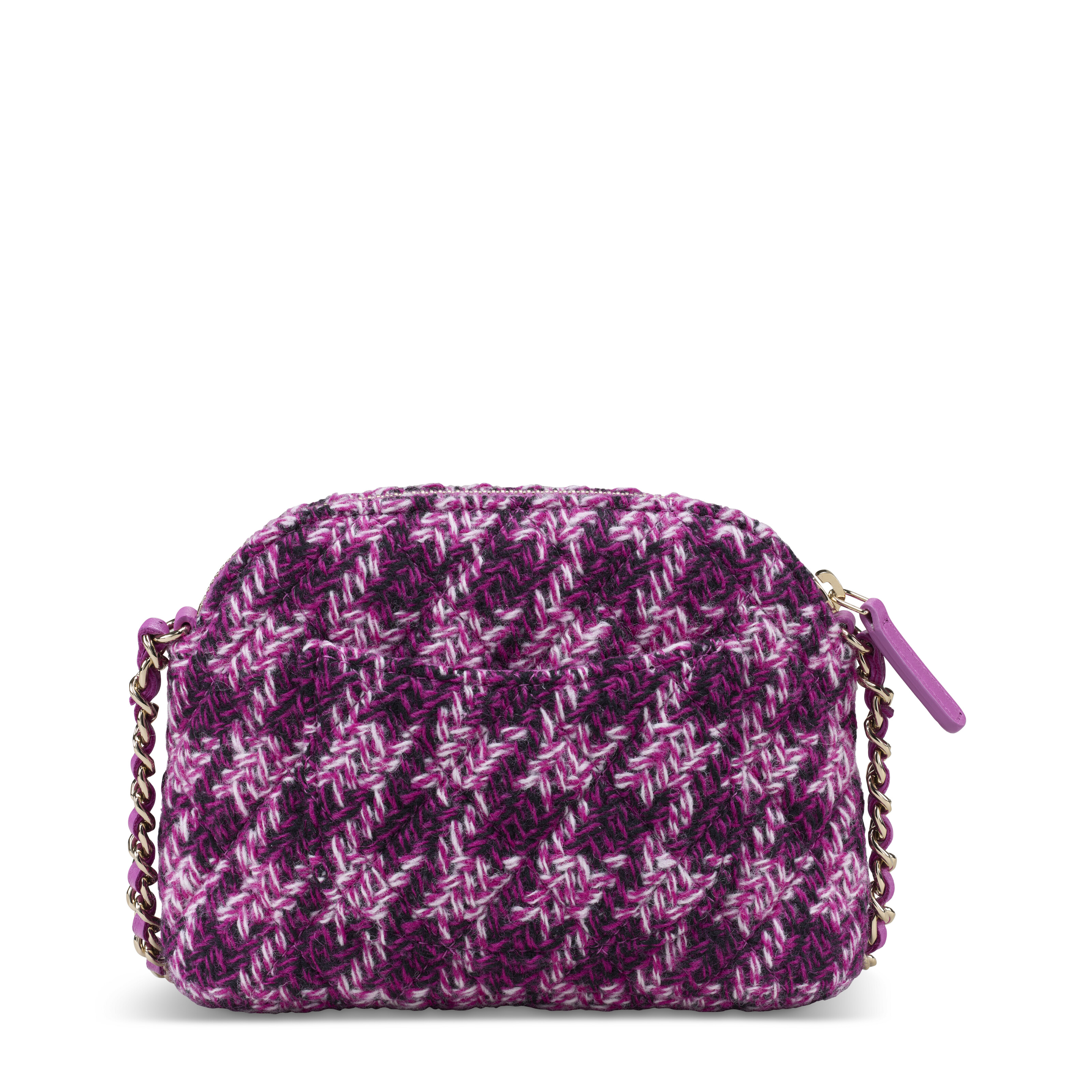 A PINK QUILTED HOUNDSTOOTH TWEED MINI CLUTCH WITH CHAIN WITH LIGHT