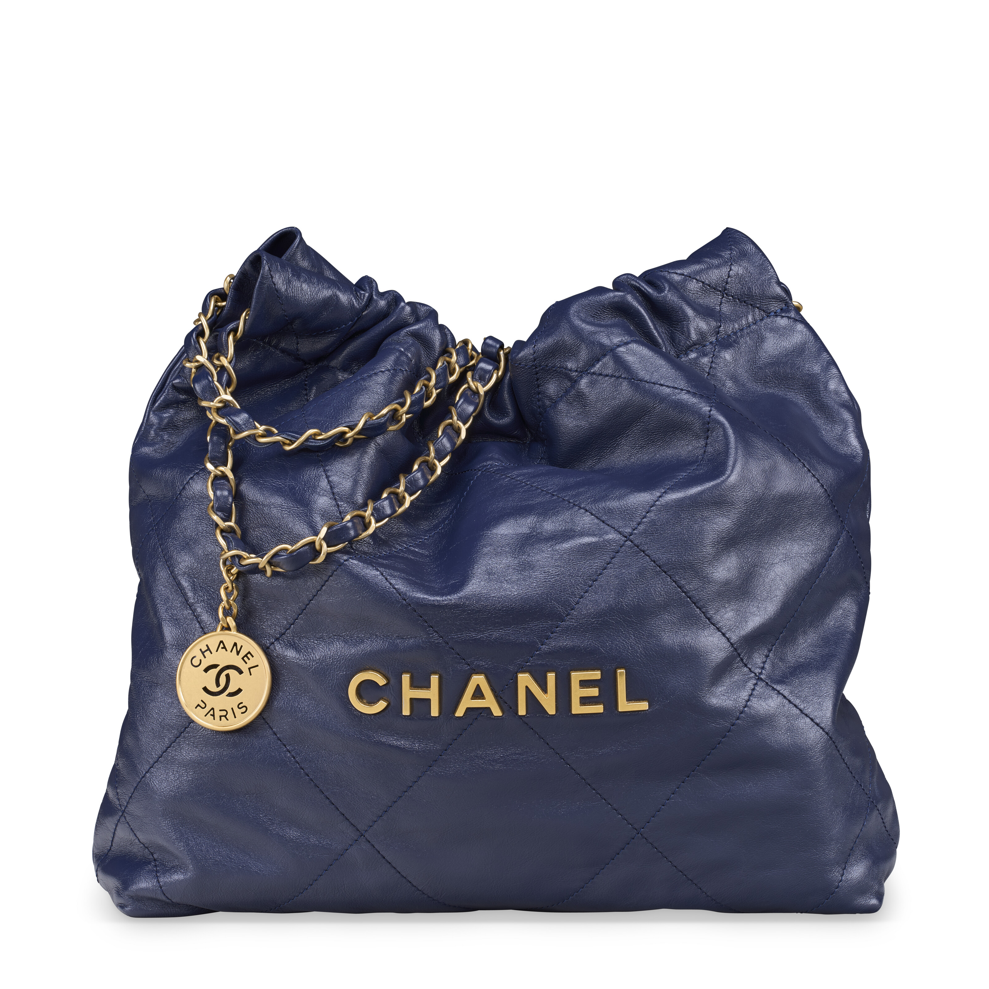 CHANEL ネイビー キルティング バッグ A NAVY QUILTED CALFSKIN LEATHER SMALL 22 HOBO WITH ANTIQUED GOLD
