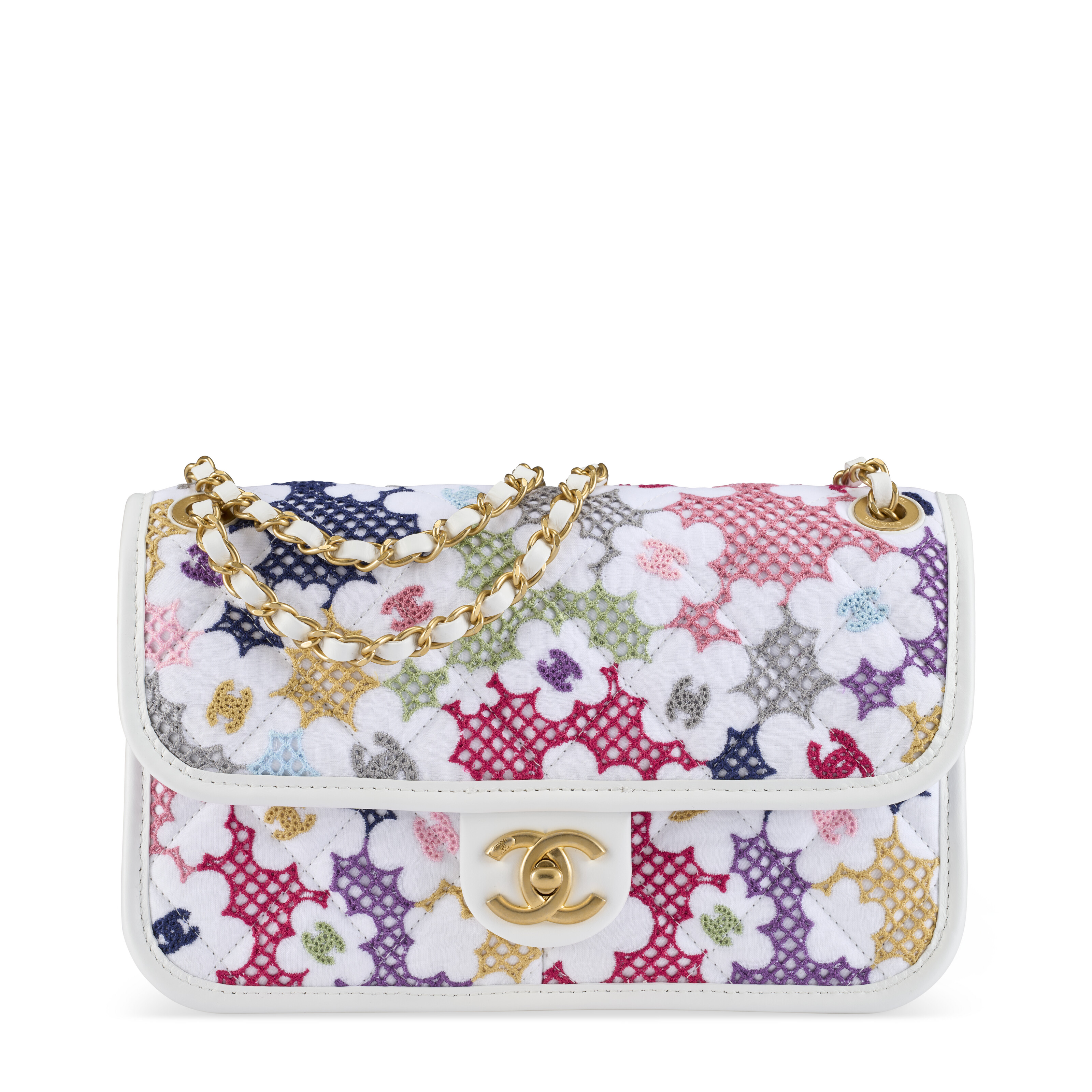A WHITE & MULTICOLOR FLORAL EMBROIDERED SINGLE FLAP BAG WITH GOLD