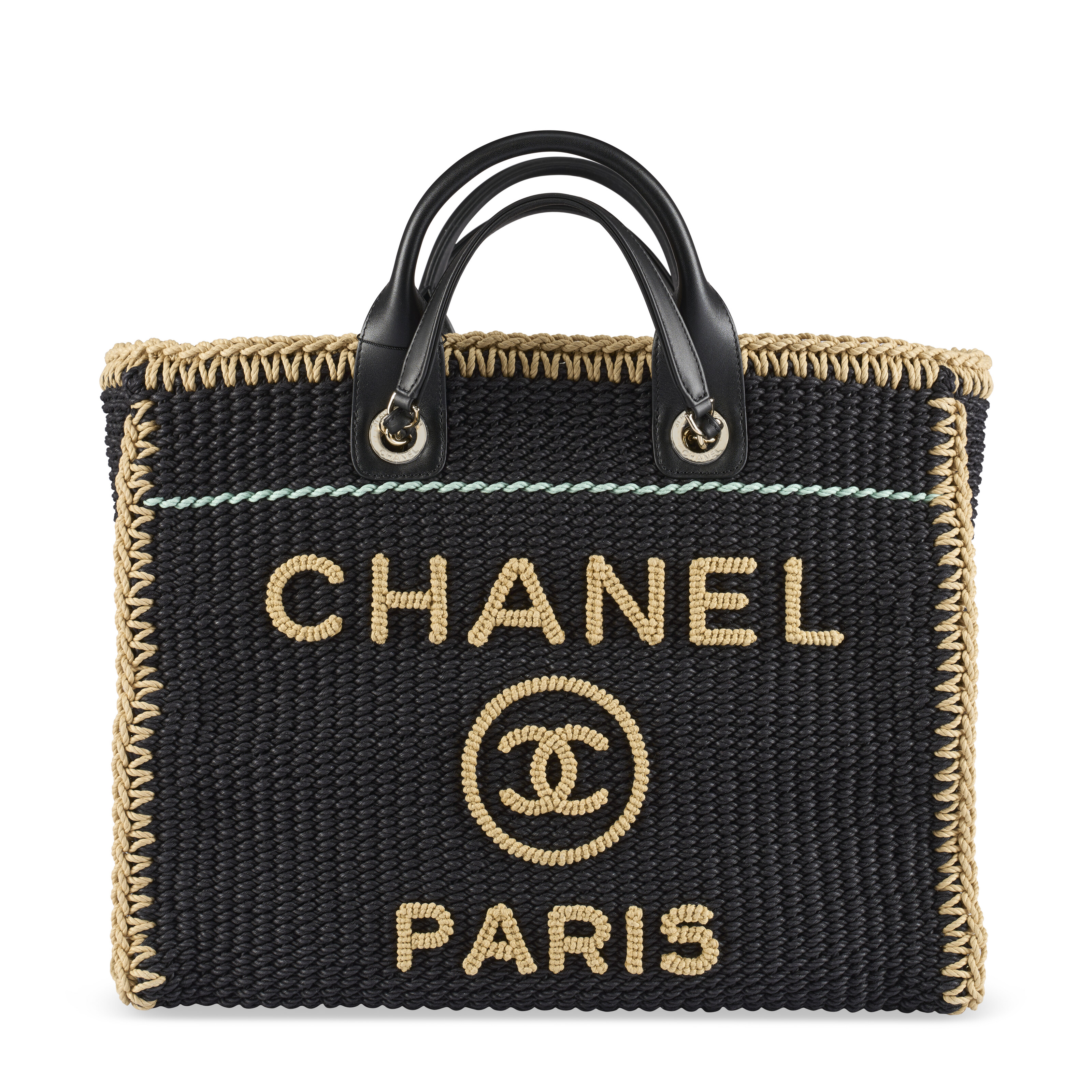 A BLACK & NATURAL BRAIDED RAFFIA MEDIUM DEAUVILLE SHOPPING TOTE