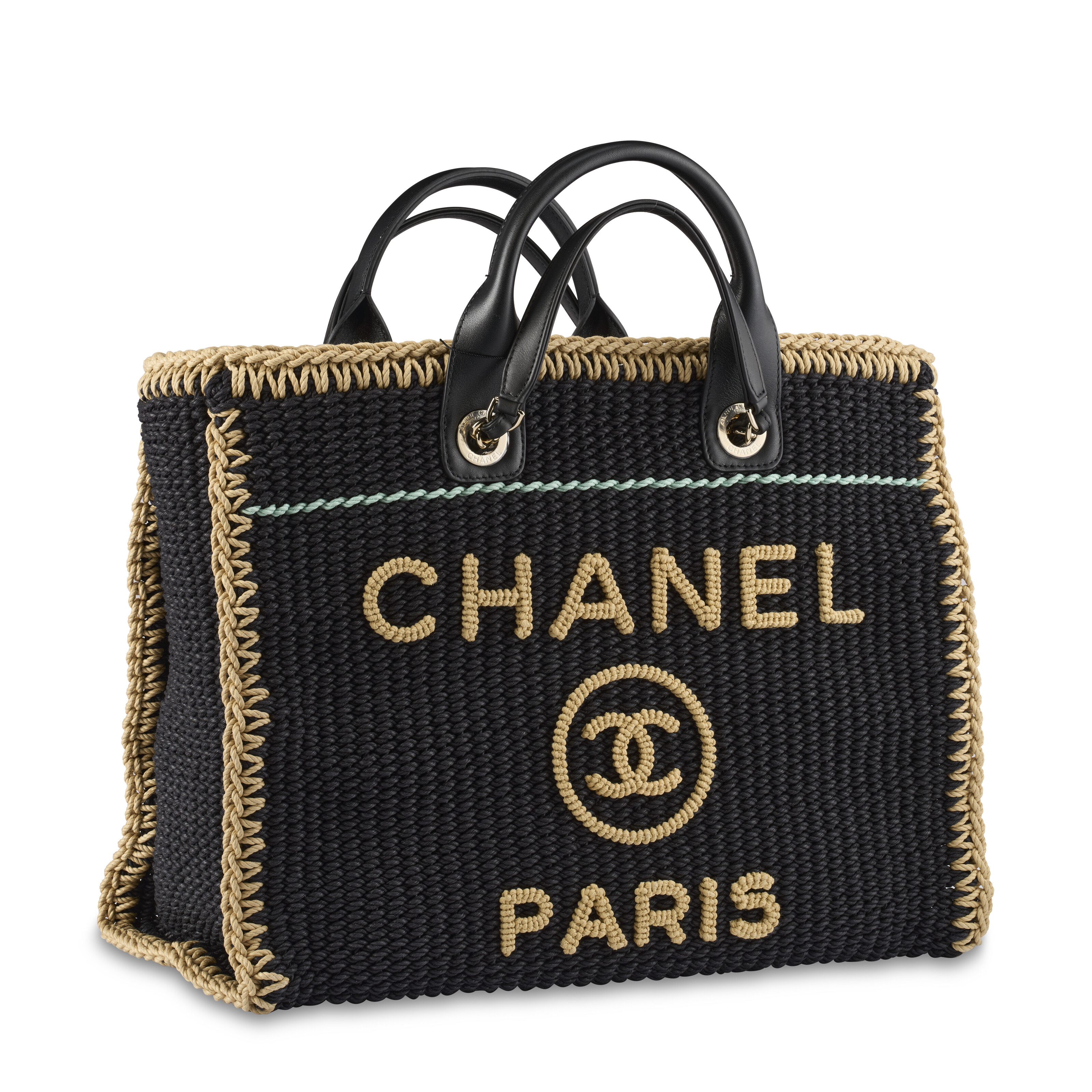 A BLACK & NATURAL BRAIDED RAFFIA MEDIUM DEAUVILLE SHOPPING TOTE