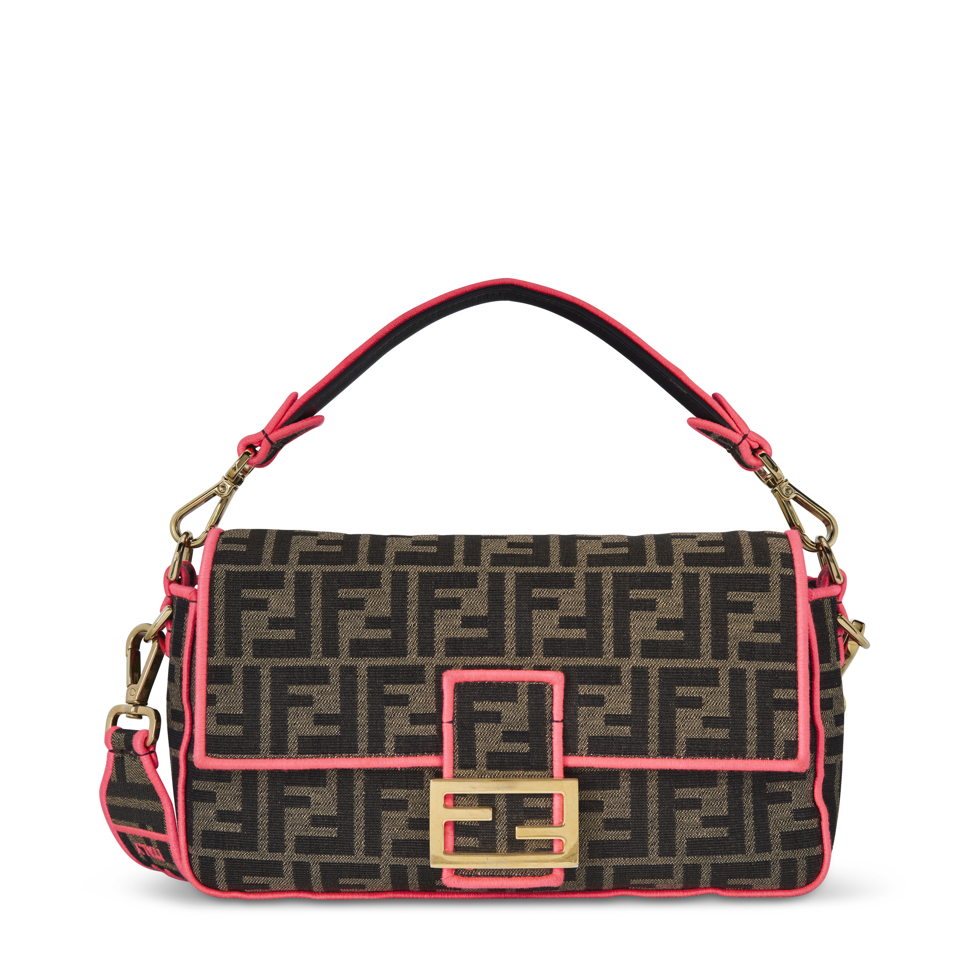 A BROWN & FLUORESCENT PINK ZUCCA CANVAS BAGUETTE WITH GOLD