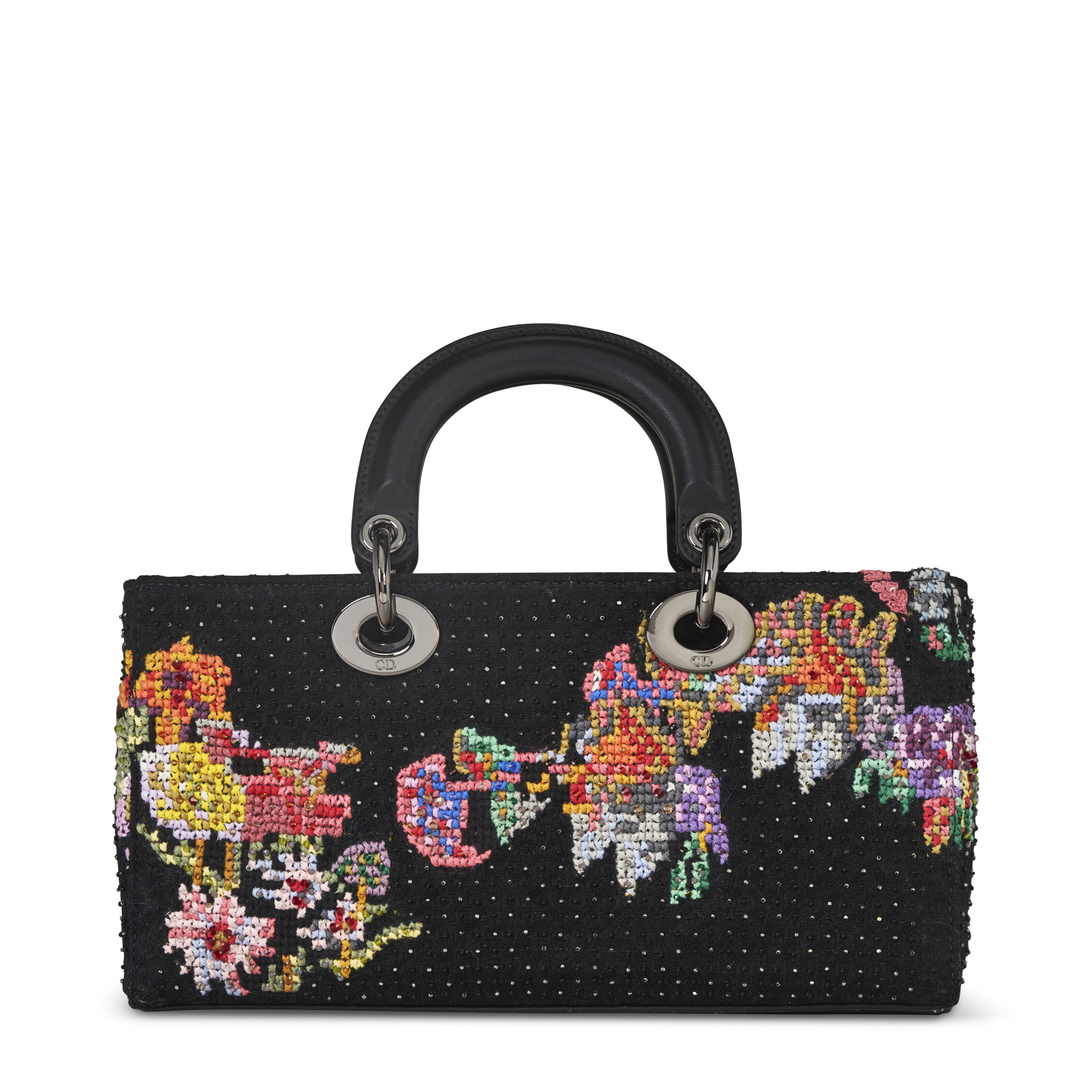 A BLACK EMBROIDERED, BEADED CANVAS & CALFSKIN LEATHER LADY D-JOY