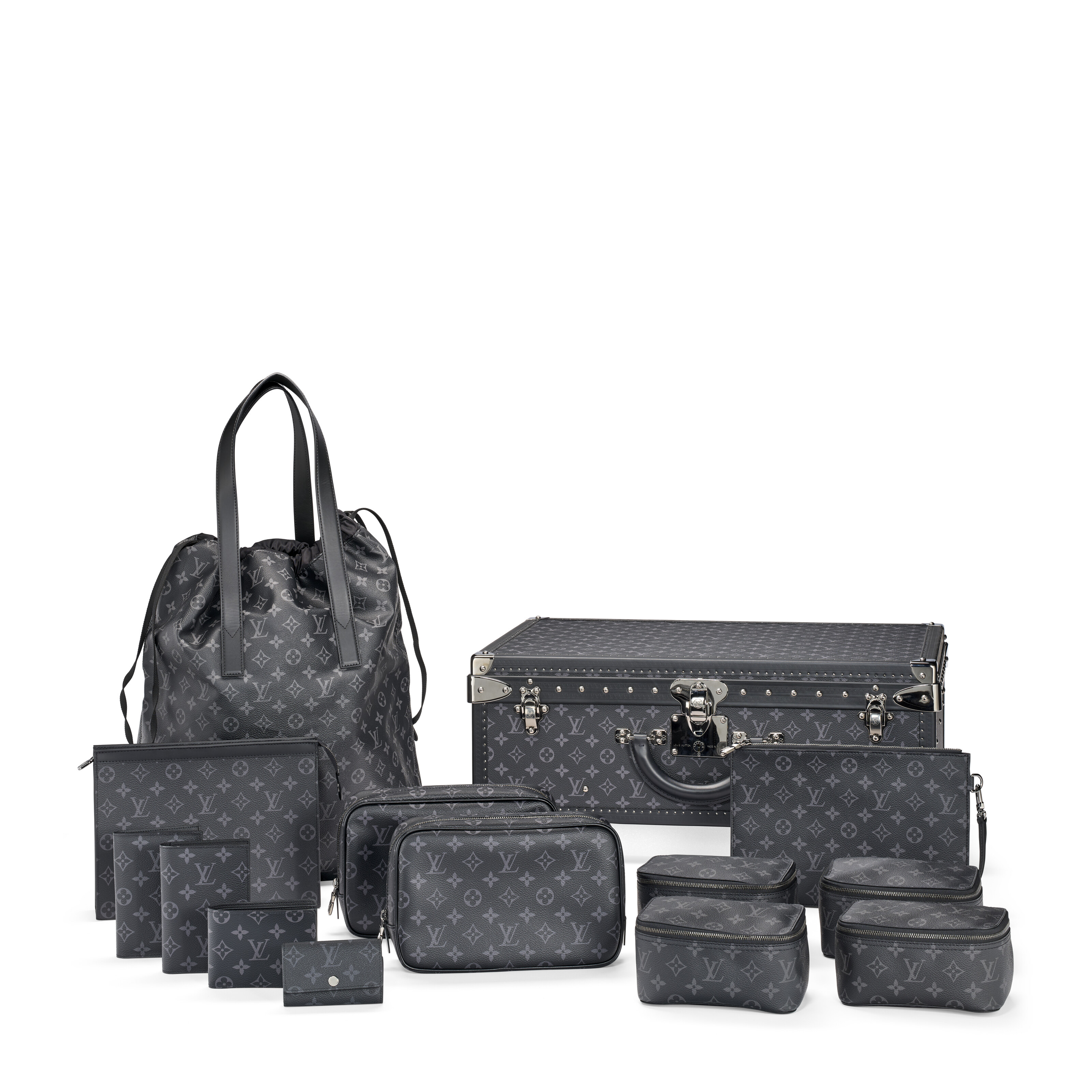 A GREY MONOGRAM ECLIPSE CANVAS ALZER 60 TRUNK & 13-PIECE TRAVEL