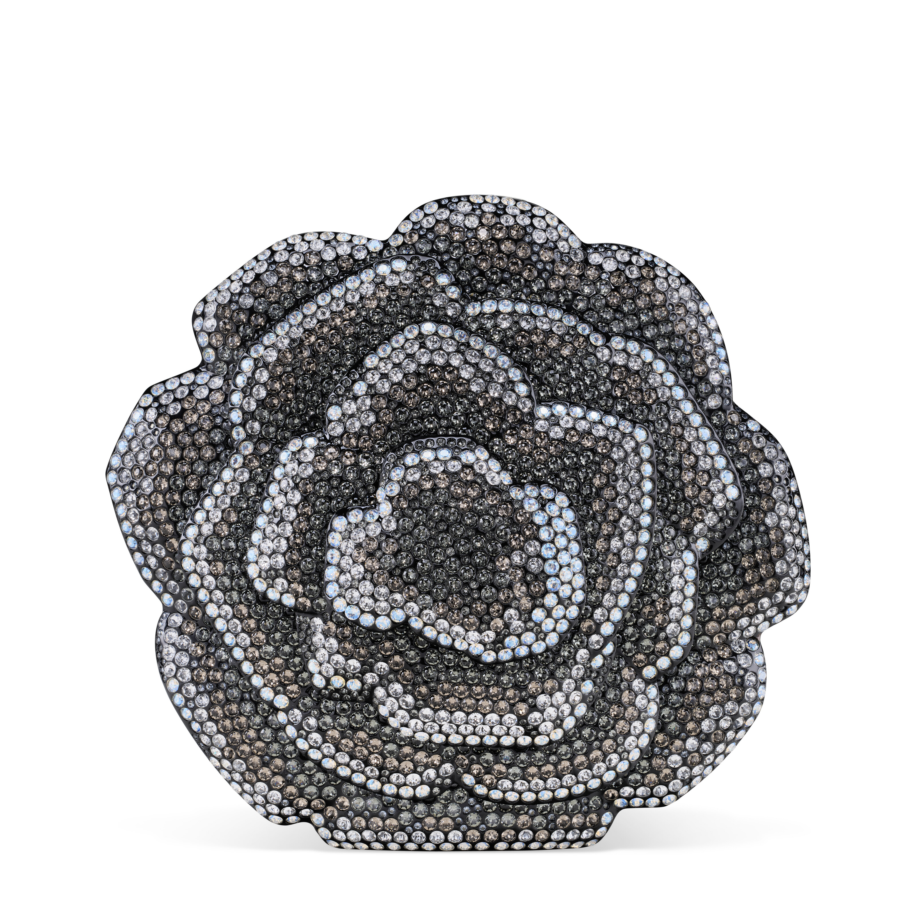 A METIER D'ART BLACK LUCITE AND SILVER STRASS CRYSTAL CAMELLIA EVENING ...