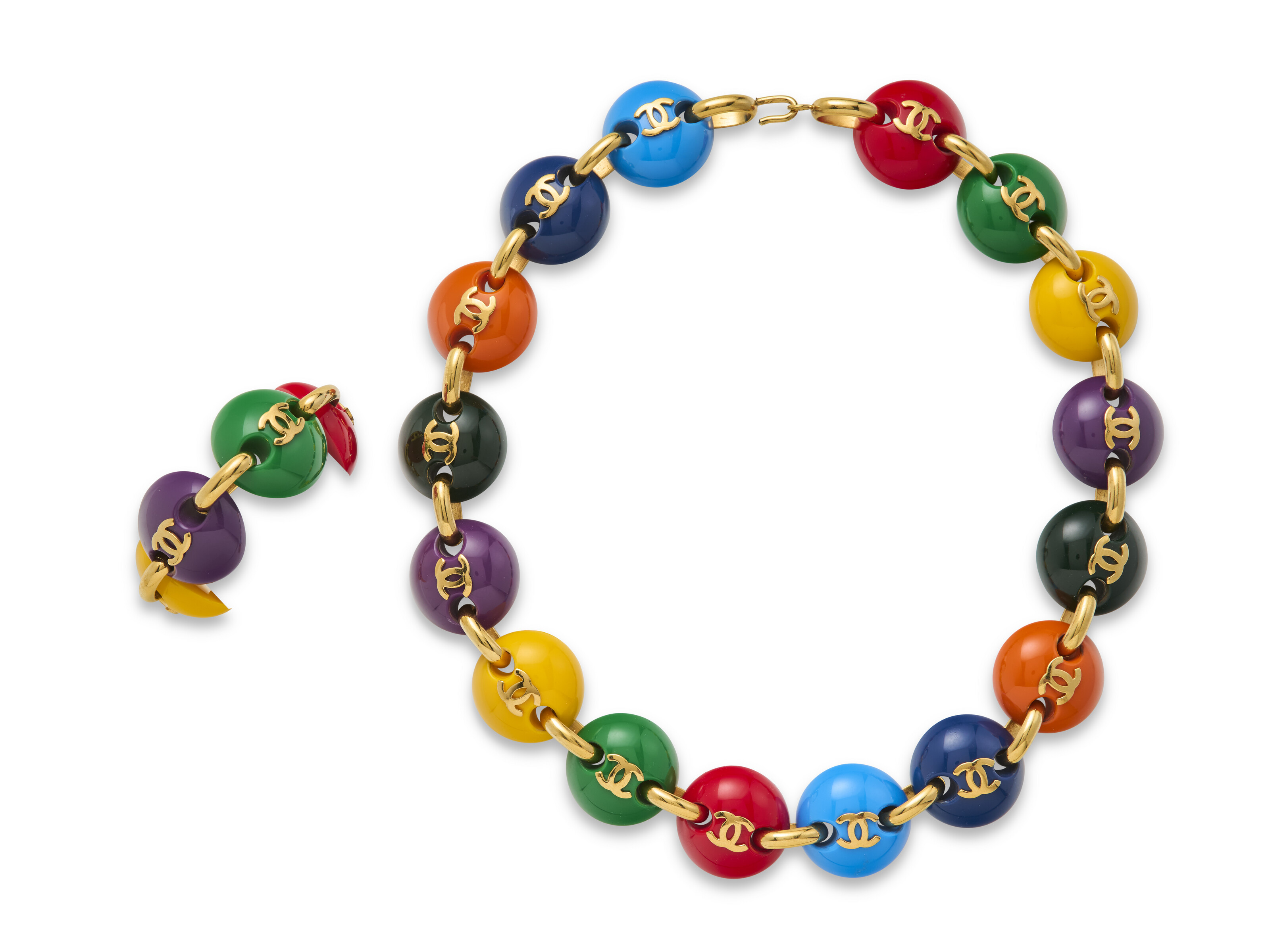 CHANEL カラフルビーズ ネックレス &ブレスレットセット A RARE & PLAYFUL RAINBOW CC M&M NECKLACE AND BRACELET SET BY KARL