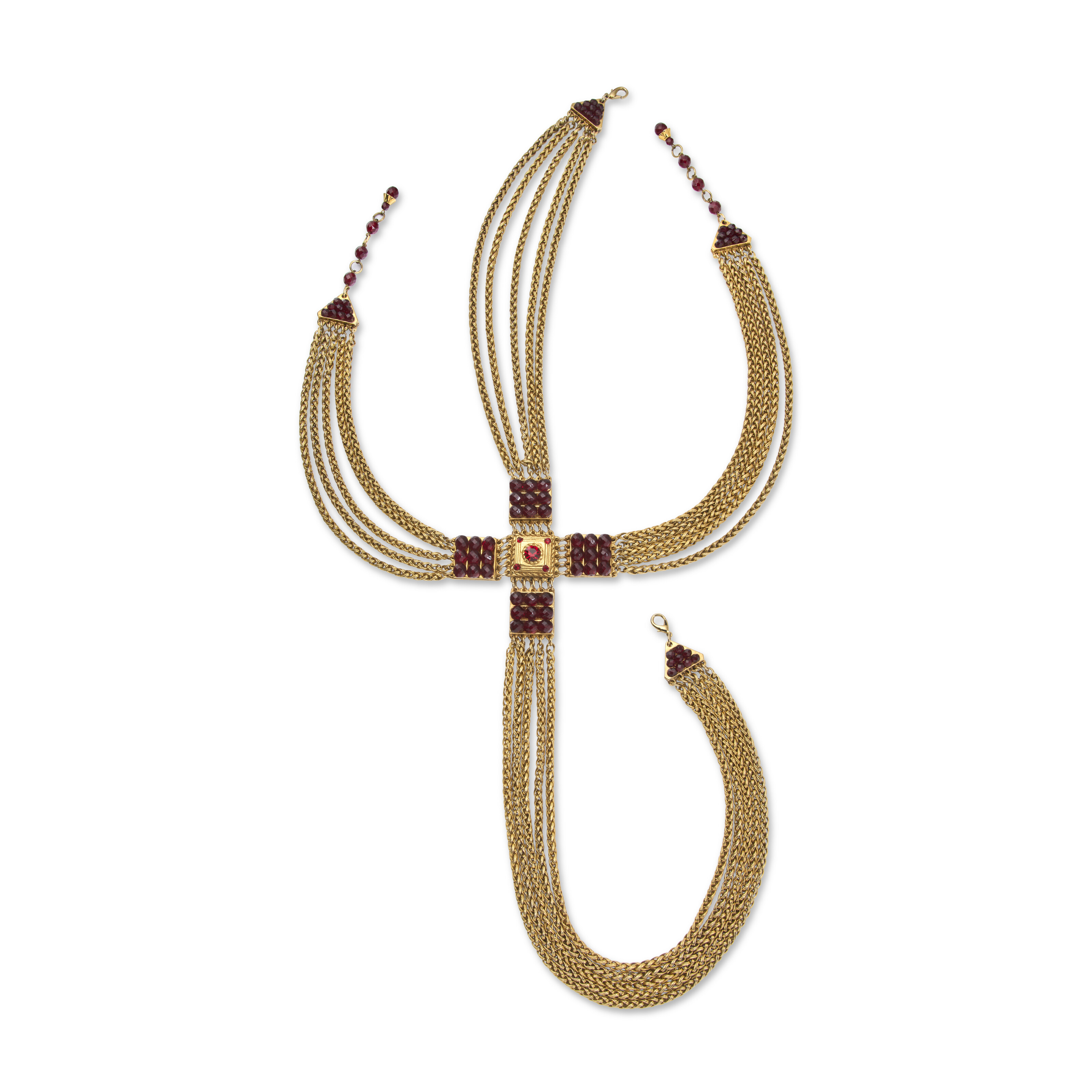A RARE RED CRYSTAL & GOLD CHAIN CROSS HARNESS, CLAIRE DEVE, CIRCA