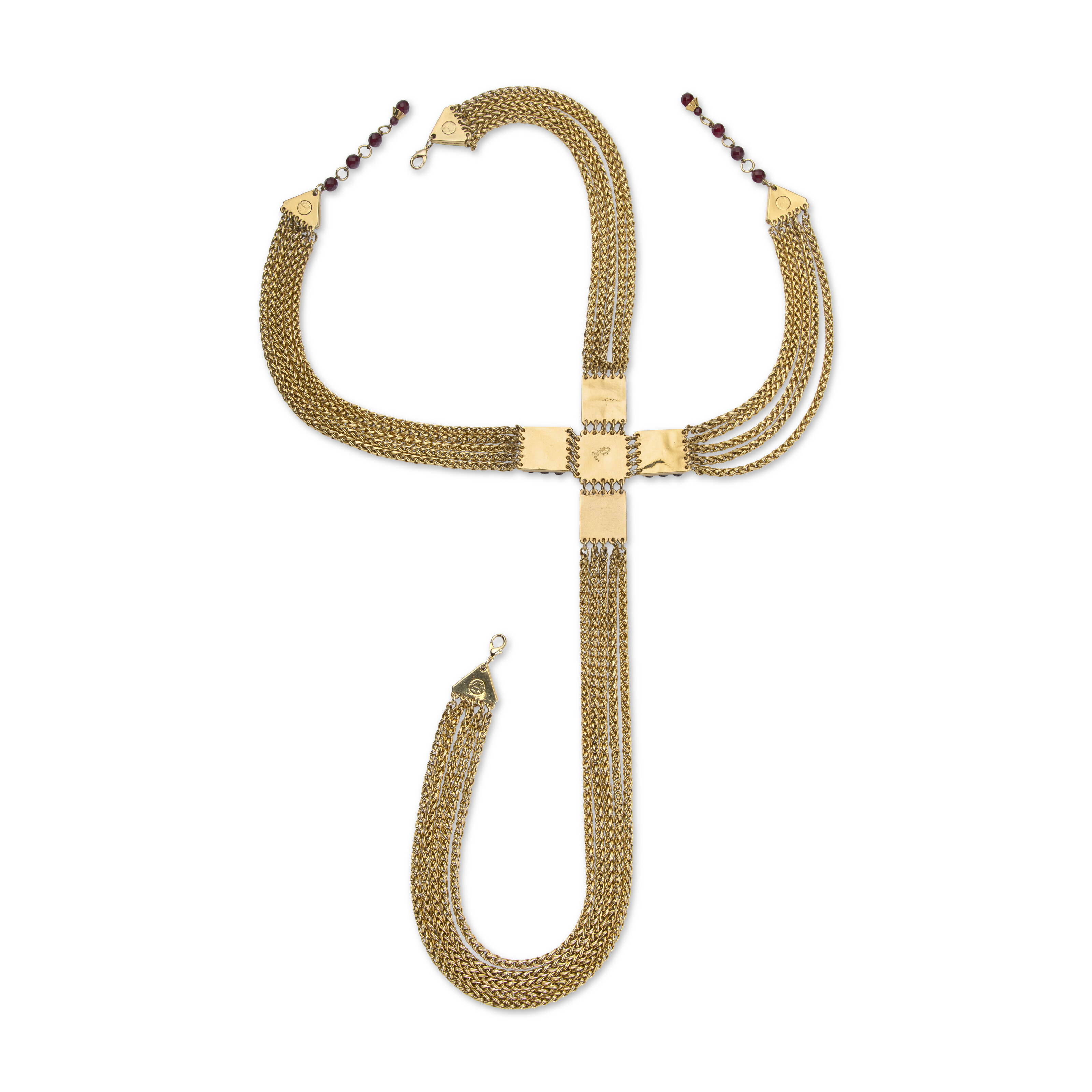 A RARE RED CRYSTAL & GOLD CHAIN CROSS HARNESS, CLAIRE DEVE, CIRCA