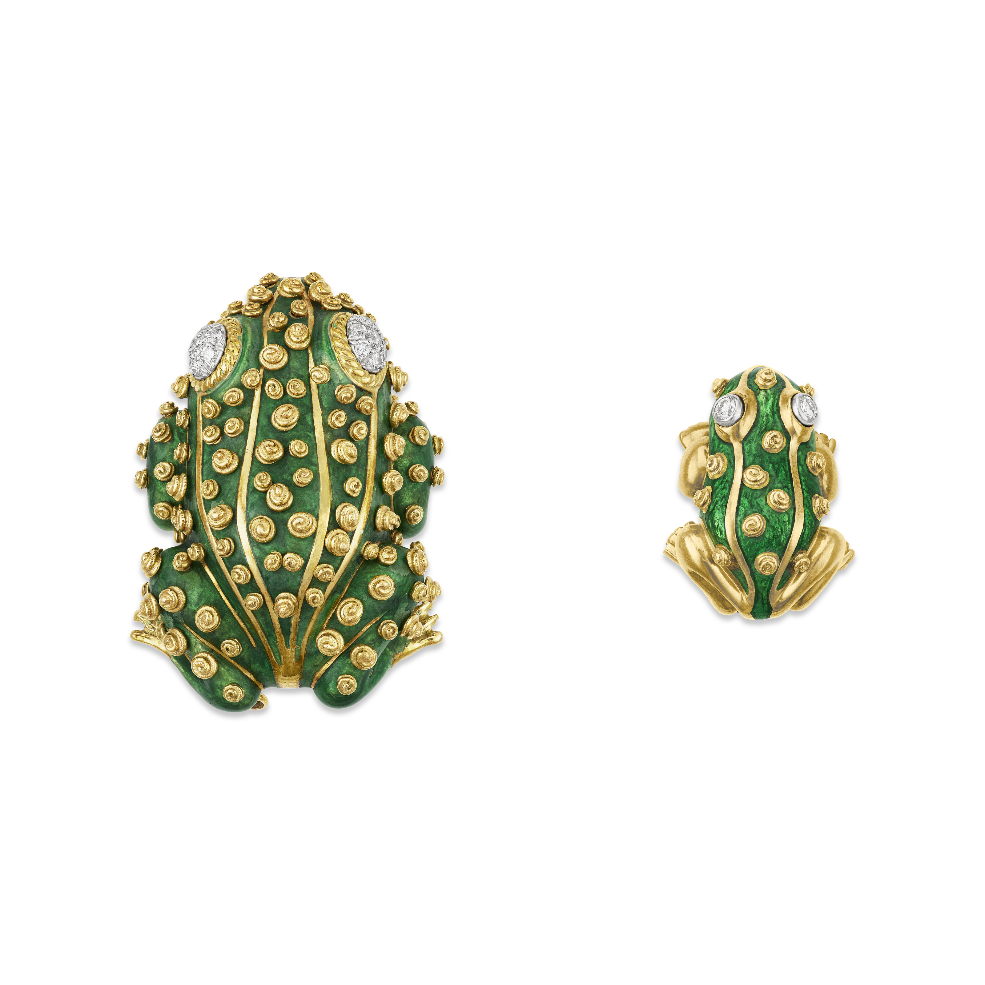 DAVID WEBB TWO ENAMEL AND DIAMOND FROG BROOCHES, | Christie's