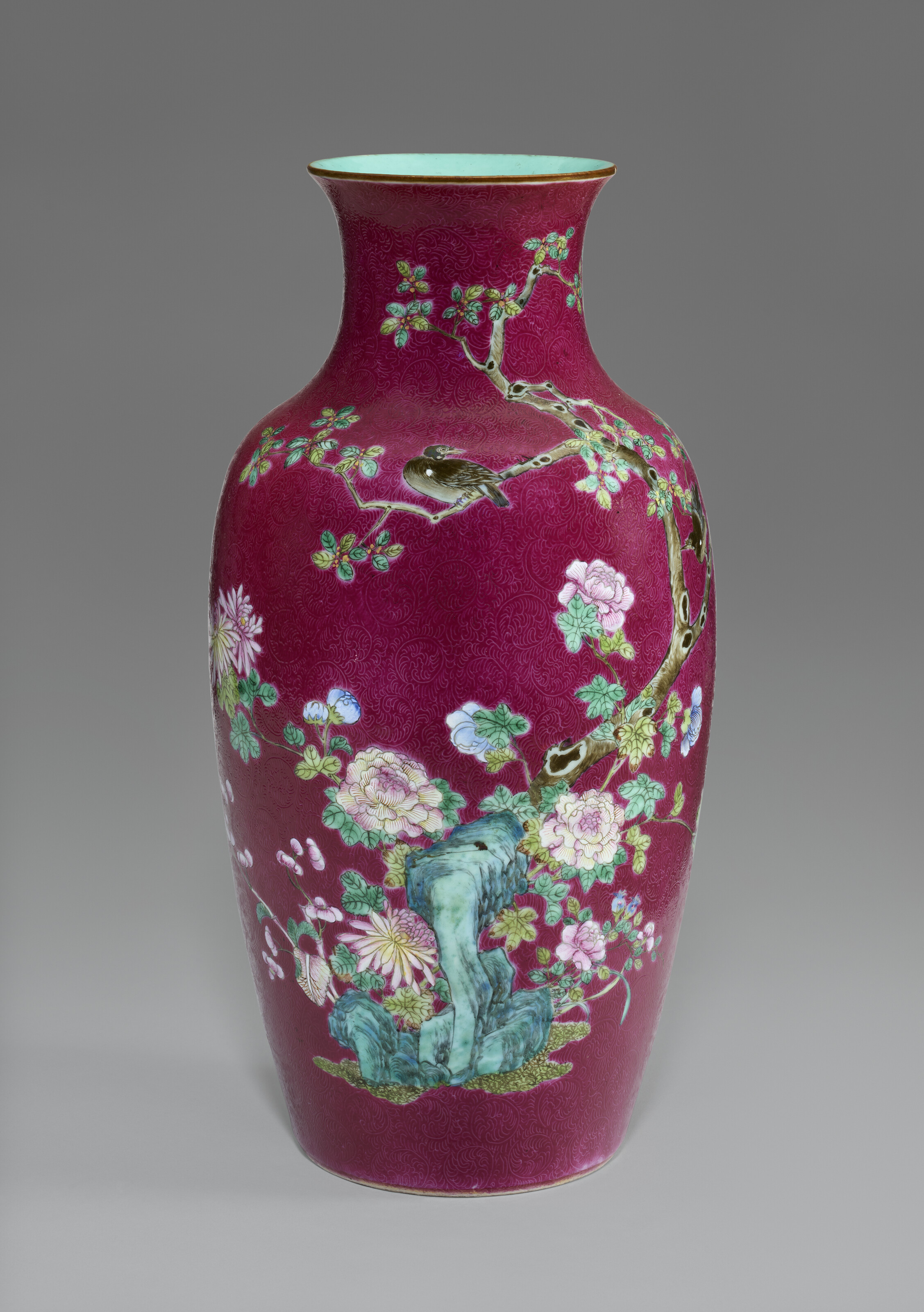 A FAMILLE ROSE RUBY-GROUND SGRAFFIATO VASE