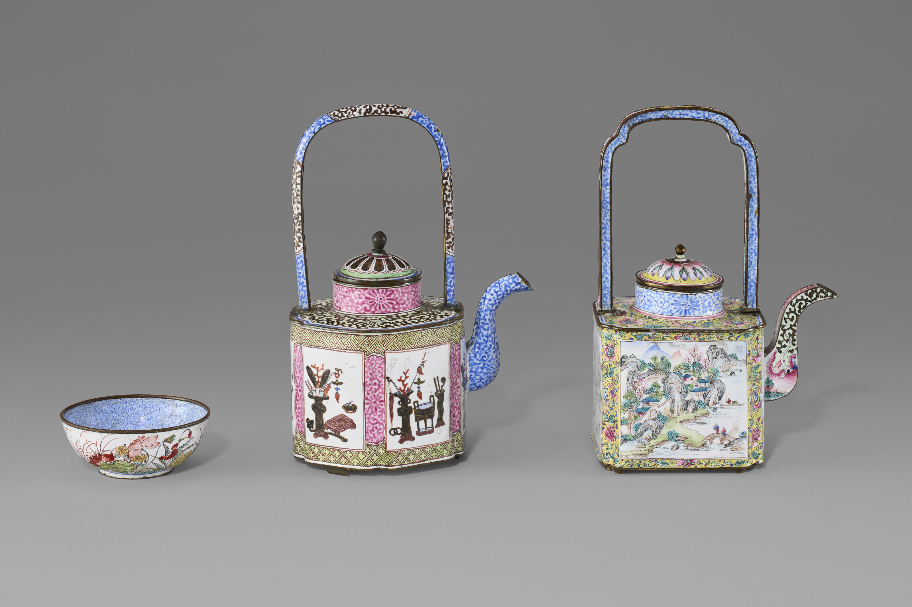THREE PAINTED ENAMEL VESSELS