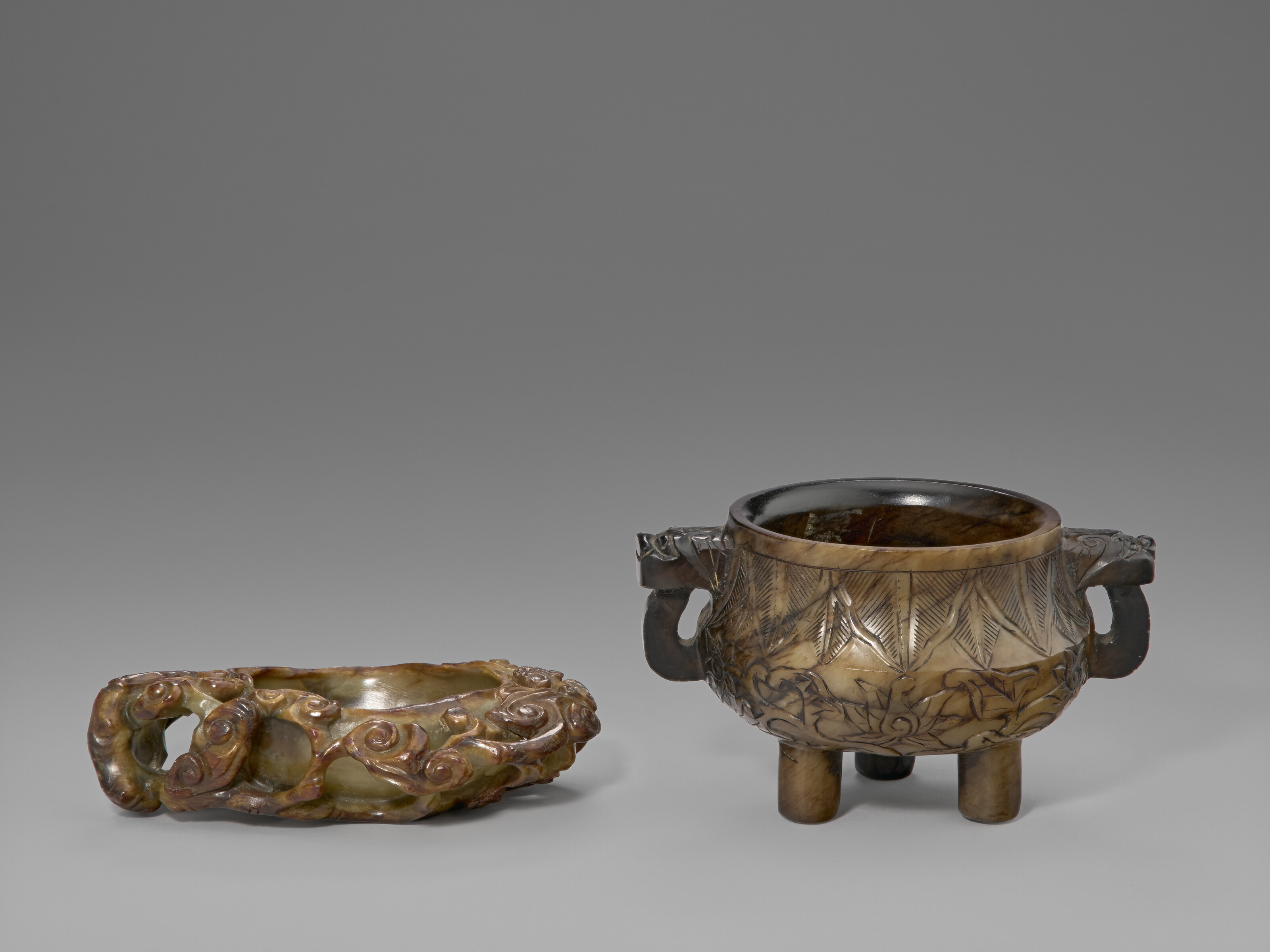 TWO MOTTLED BROWN JADE VESSELS