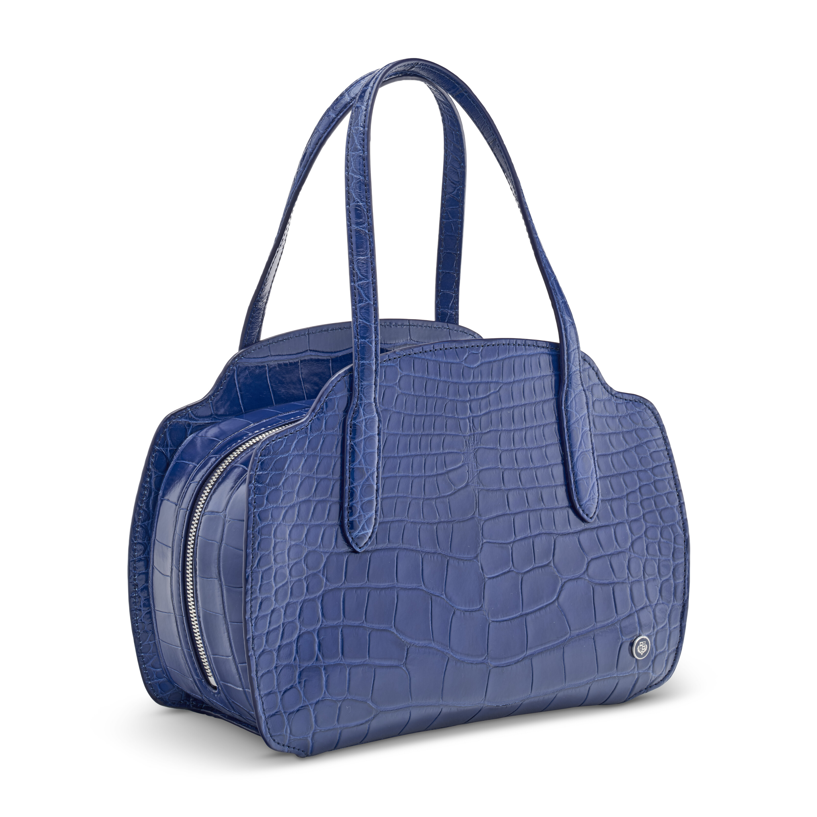 A SHINY ANEMONE BLUE ALLIGATOR SMALL SESIA BAG WITH SILVER