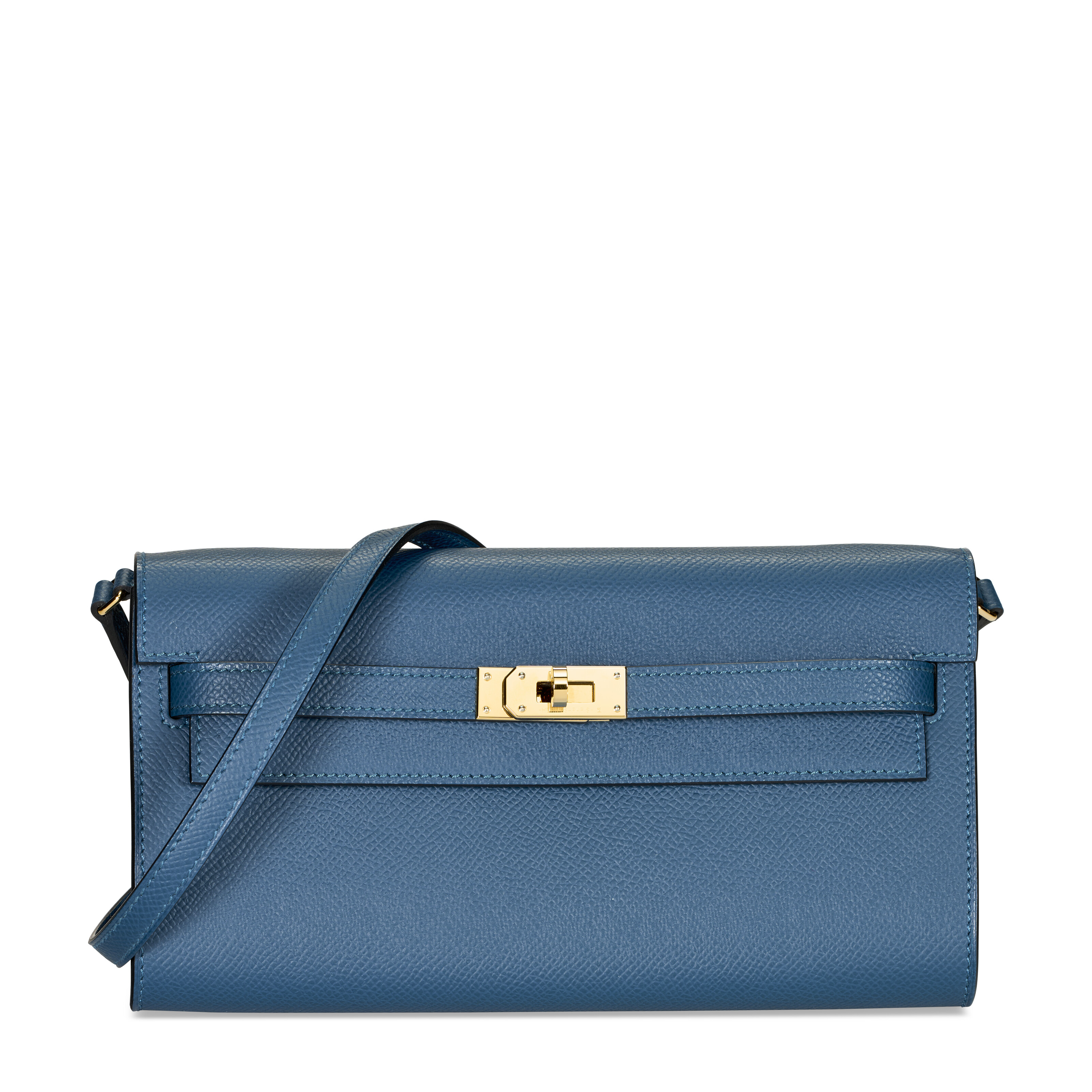 A DEEP BLEU EPSOM LEATHER KELLY TO GO WALLET WITH GOLD HARDWARE
