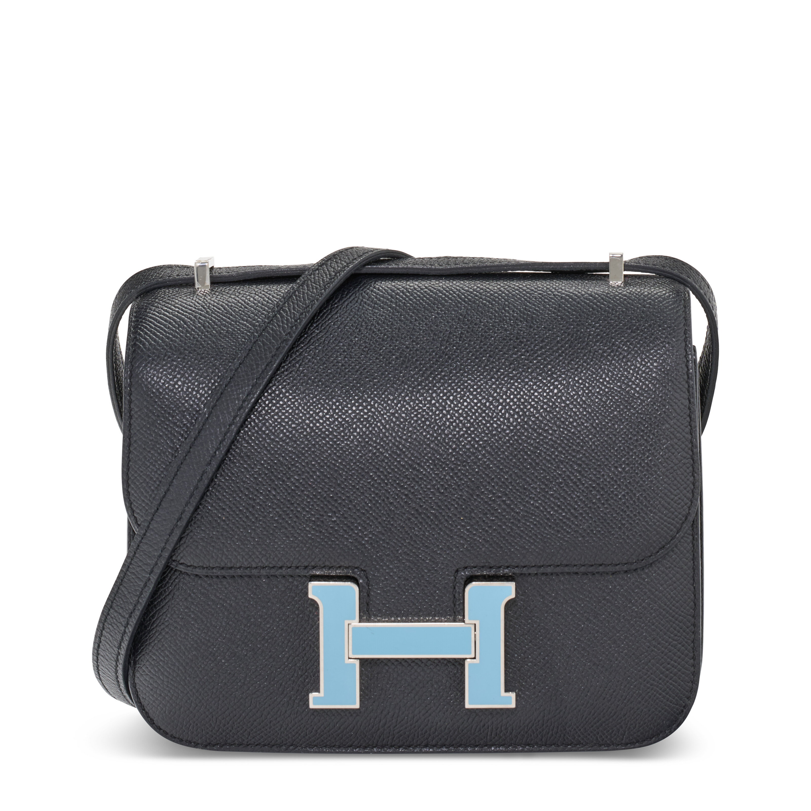 A LIMITED EDITION BLACK EPSOM LEATHER & BLEU ST. CYR ENAMEL MINI CONSTANCE WITH PALLADIUM HARDWARE