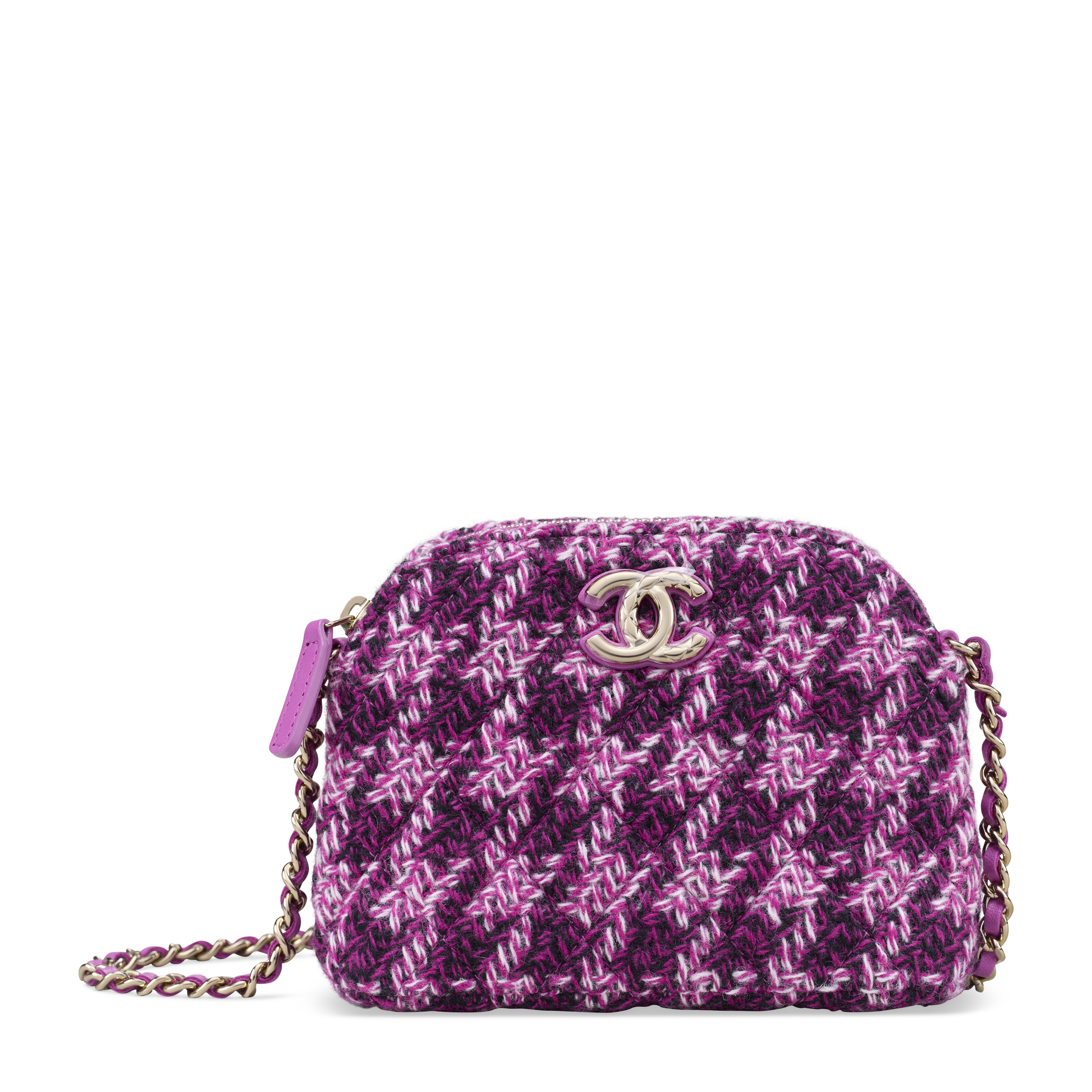 A PINK QUILTED HOUNDSTOOTH TWEED MINI CLUTCH WITH CHAIN WITH LIGHT GOLD HARDWARE