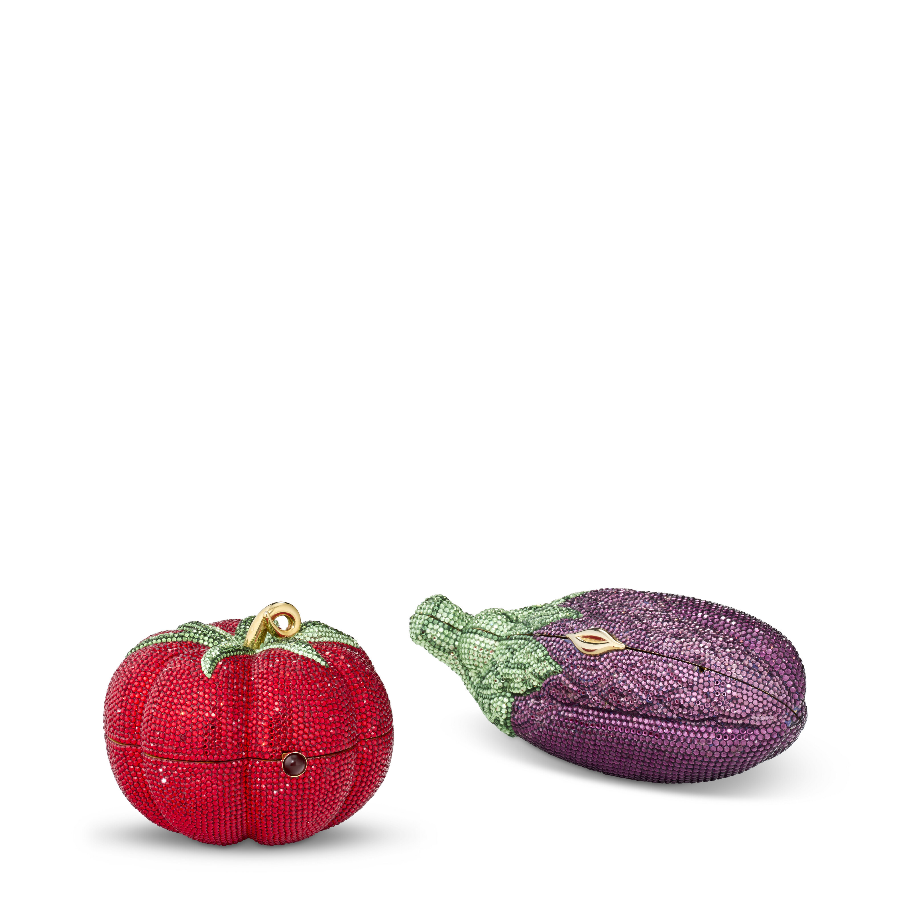 A SET OF TWO: RED & PURPLE STRASS CRYSTAL TOMATO & EGGPLANT EVENING BAGS