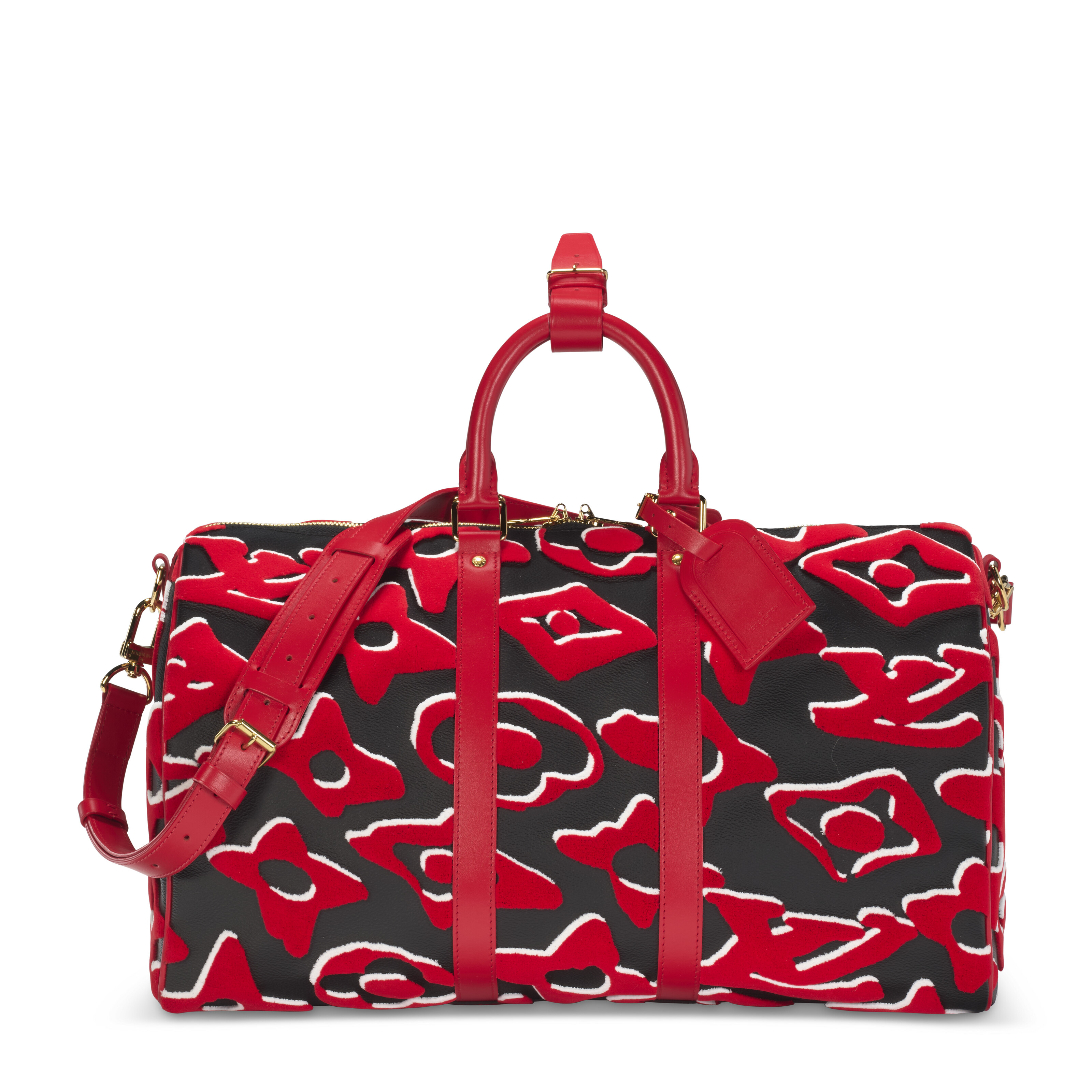 A LIMITED EDITION RED, WHITE & BLACK TUFETAGE MONOGRAM CANVAS KEEPALL 45 BANDOULIÈRE WITH GOLD HARDWARE BY URS FISCHER