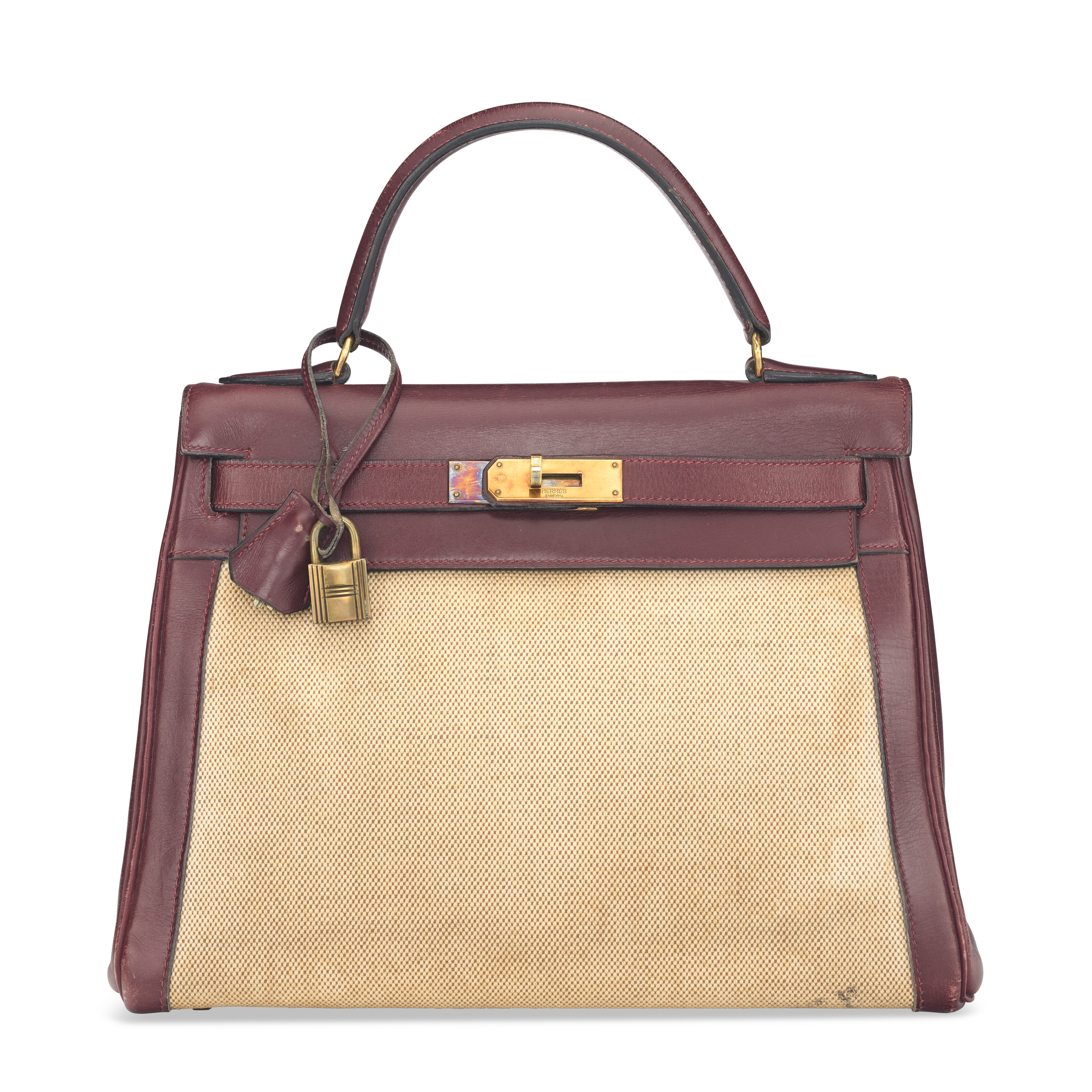 A ROUGE H CALF BOX LEATHER & TOILE CANVAS RETOURNÉ KELLY 28 WITH GOLD HARDWARE