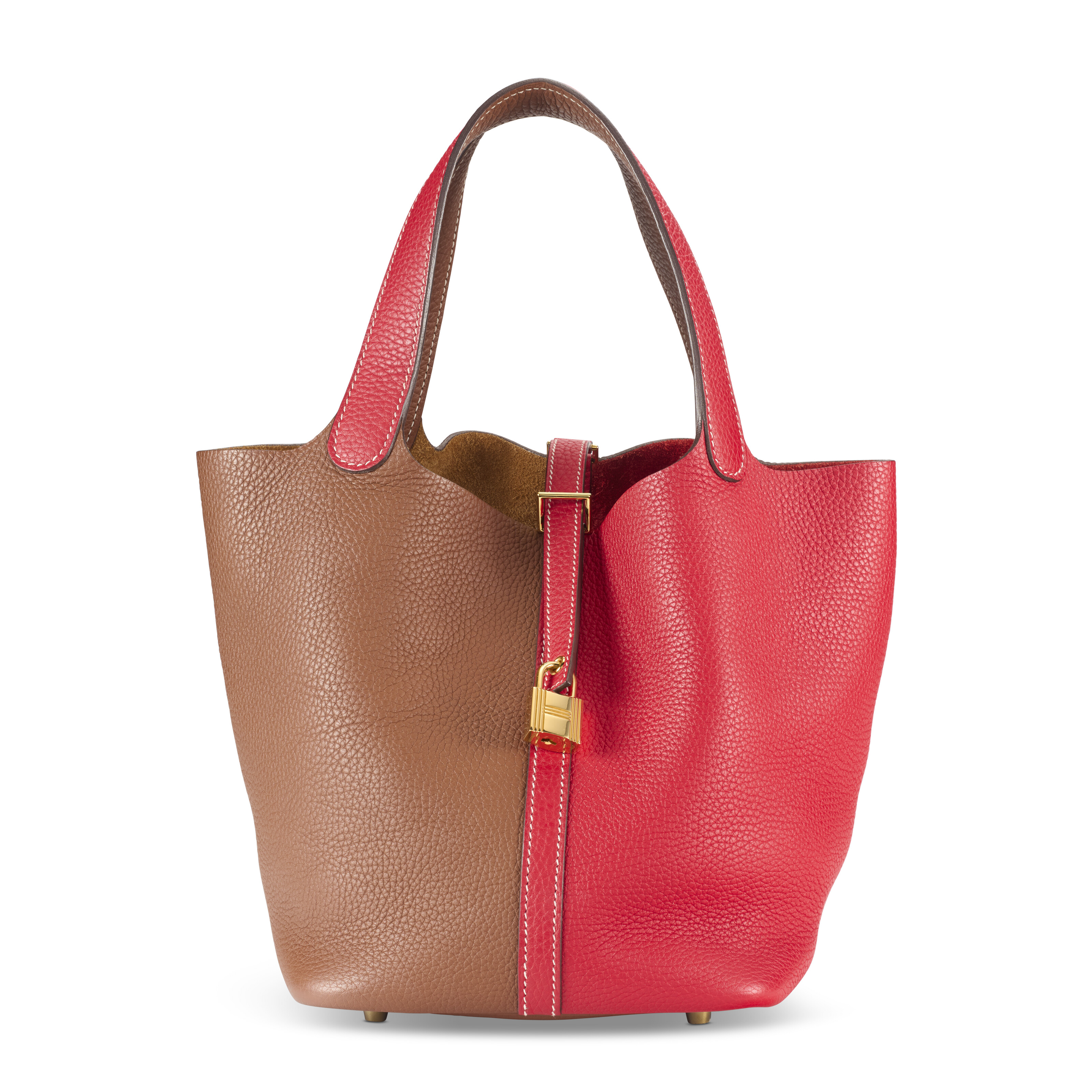 A LIMITED EDITION ROUGE CASAQUE & GOLD CLEMENCE LEATHER CASAQUE PICOTIN LOCK 22 WITH GOLD HARDWARE