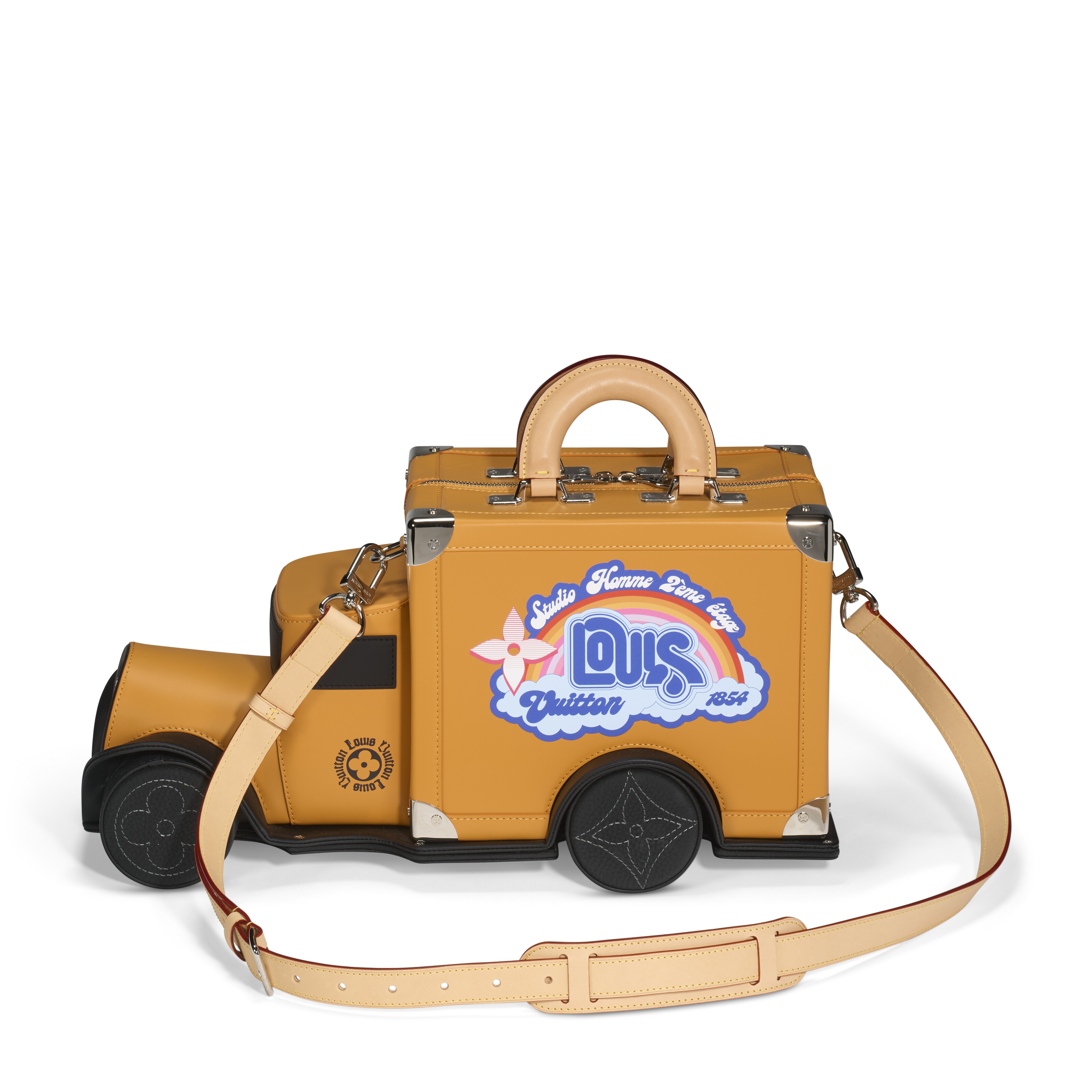 A RARE BEIGE & BLACK PRINTED LEATHER SOFT TRUCK BAG WITH SILVER HARDWARE BY PHARRELL WILLIAMS
