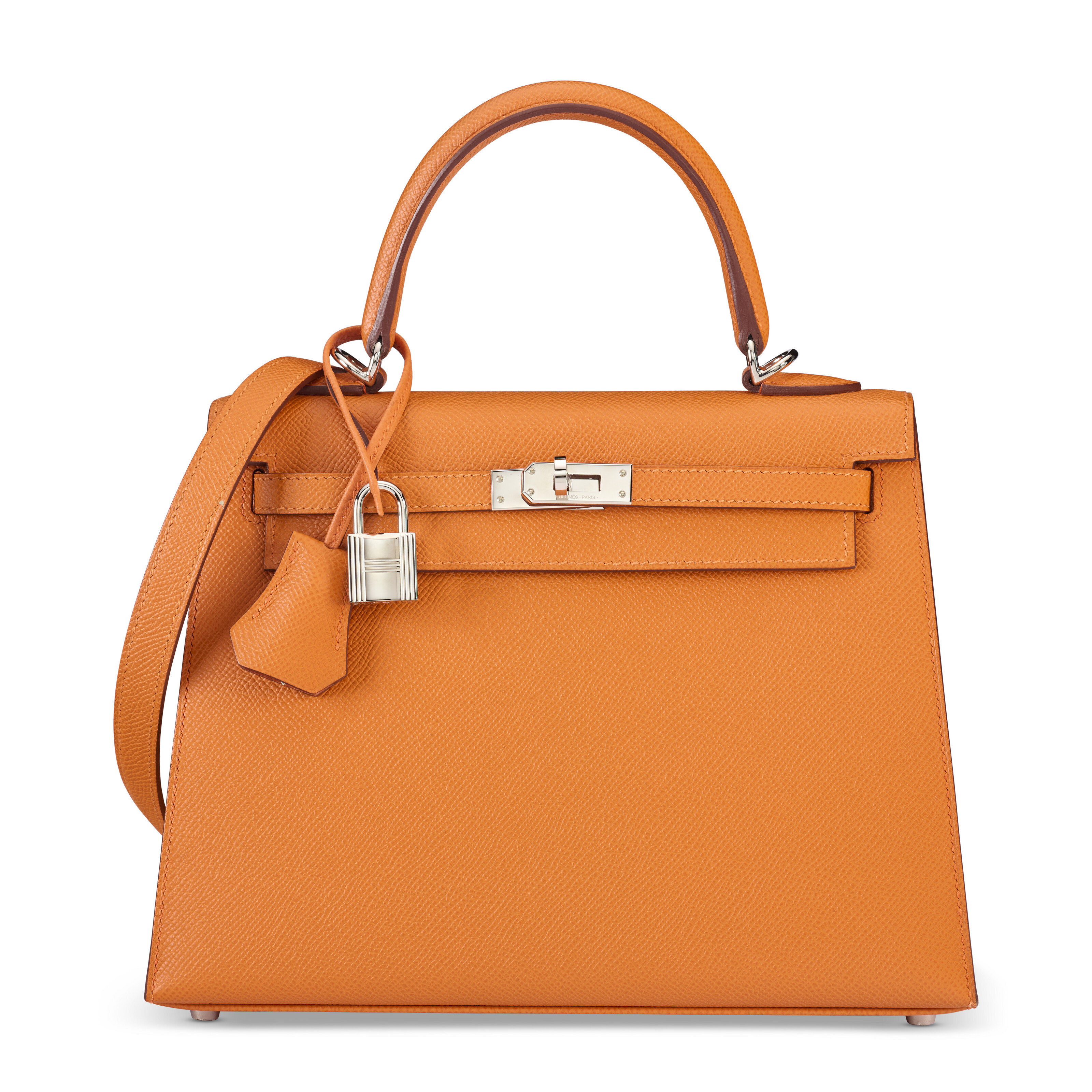 AN ORANGE H EPSOM LEATHER SELLIER KELLY 25 WITH PALLADIUM HARDWARE