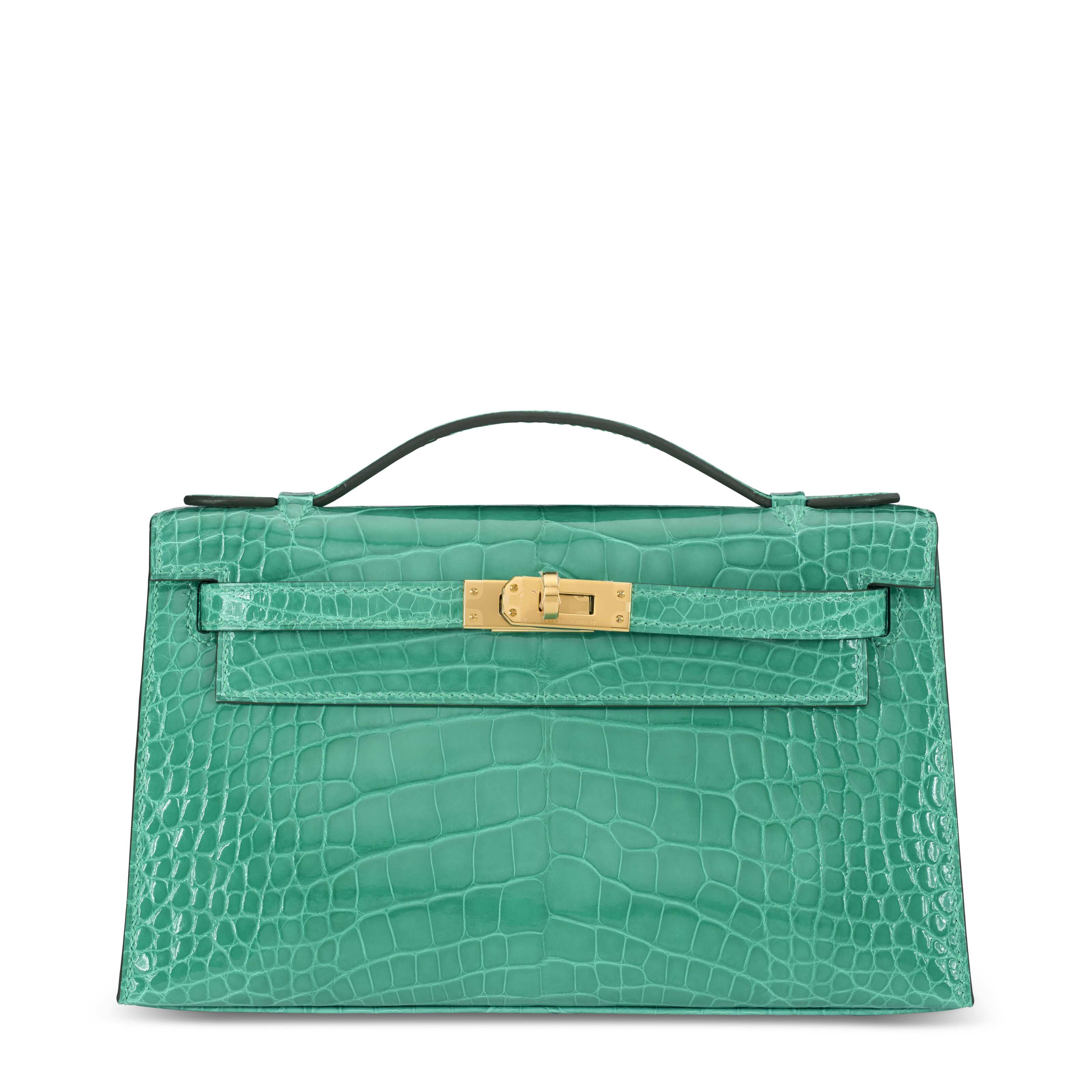 A SHINY VERT JADE ALLIGATOR KELLY POCHETTE WITH GOLD HARDWARE