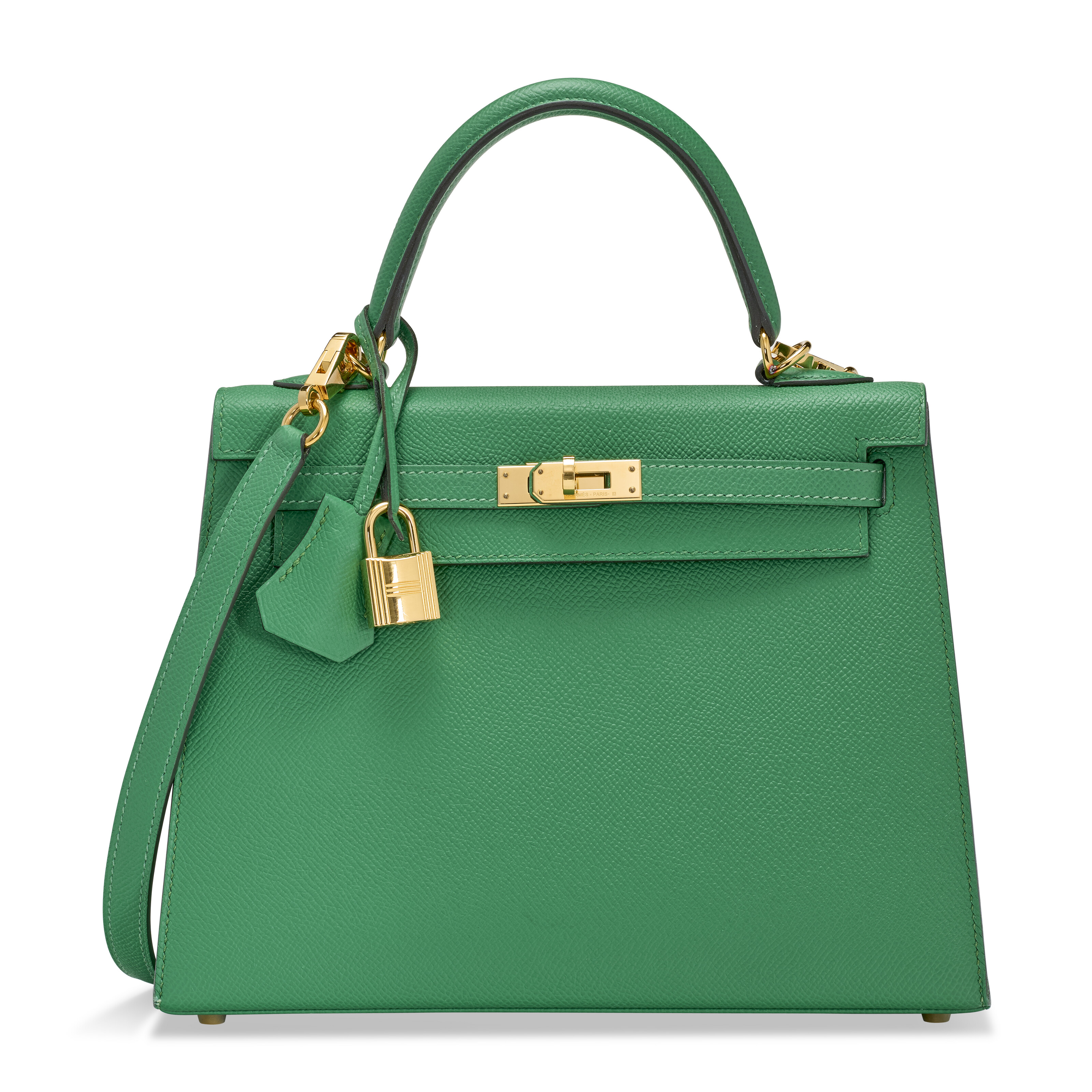 A CACTUS EPSOM LEATHER SELLIER KELLY 25 WITH GOLD HARDWARE
