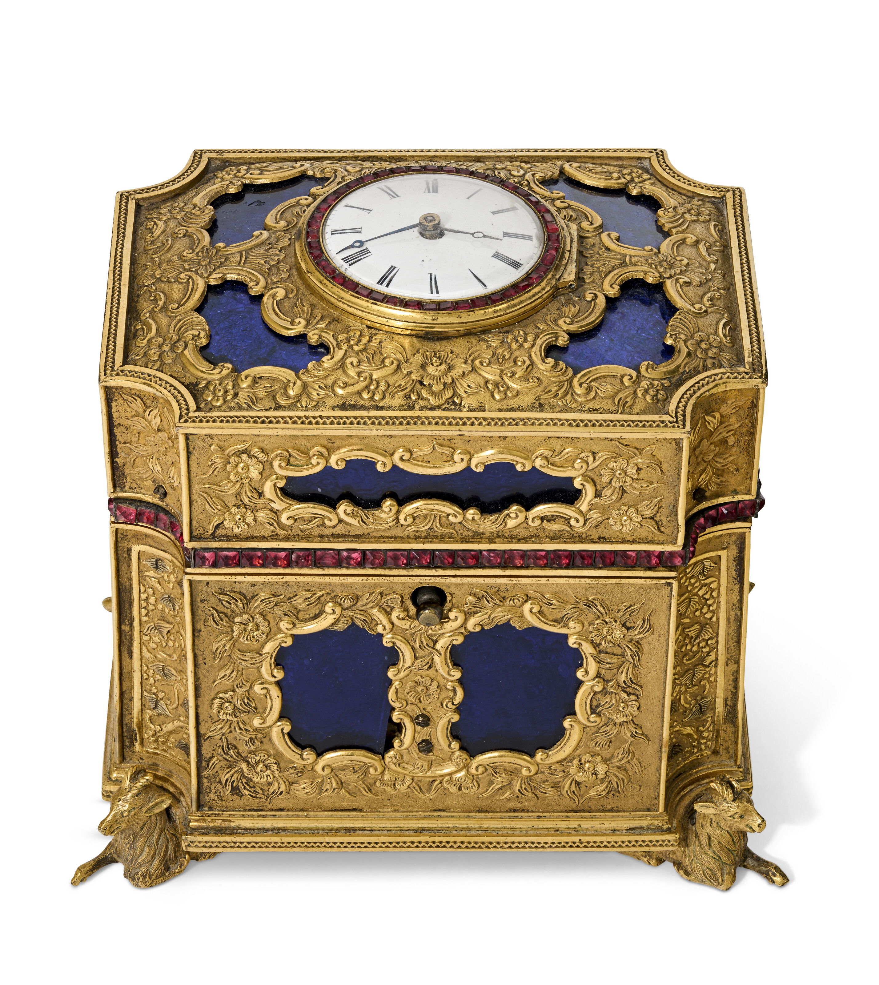 A GEORGE III PASTE-SET, BLUE GLASS-INSET, AND WATCH-MOUNTED ORMOLU NECESSAIRE