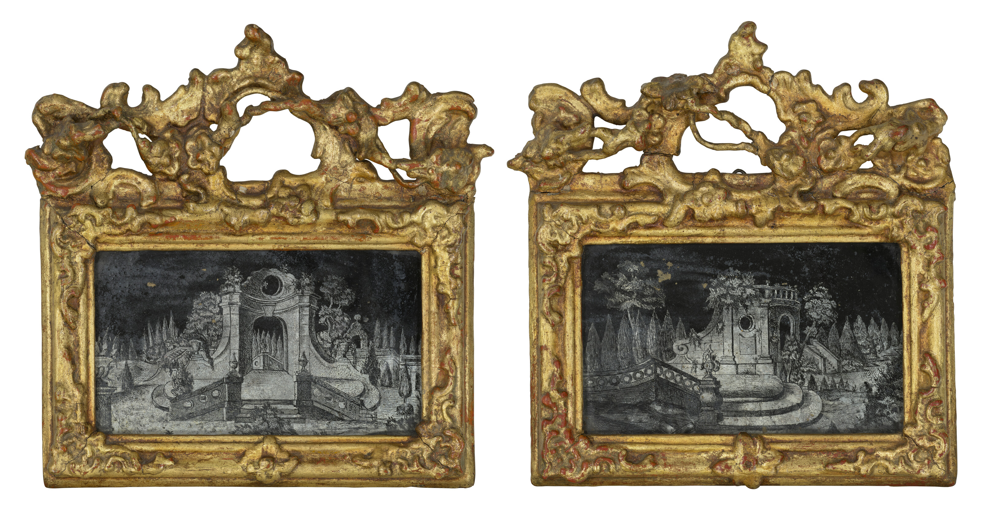 A PAIR OF LOUIS XV VERRE EGLOMISE PICTURES