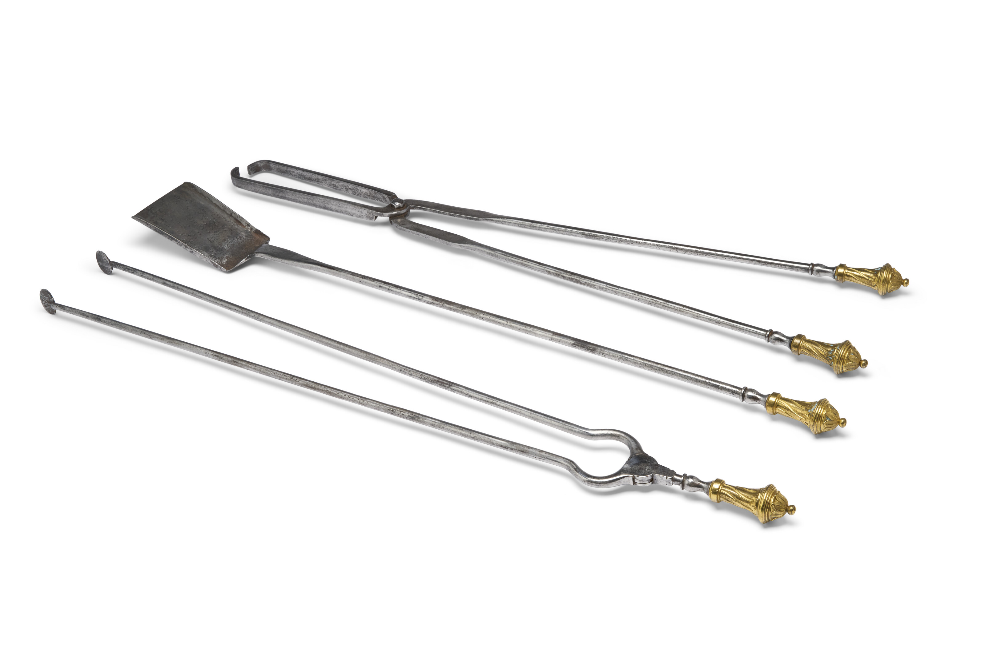 A SET OF THREE FRENCH ORMOLU AND STEEL FIRETOOLS