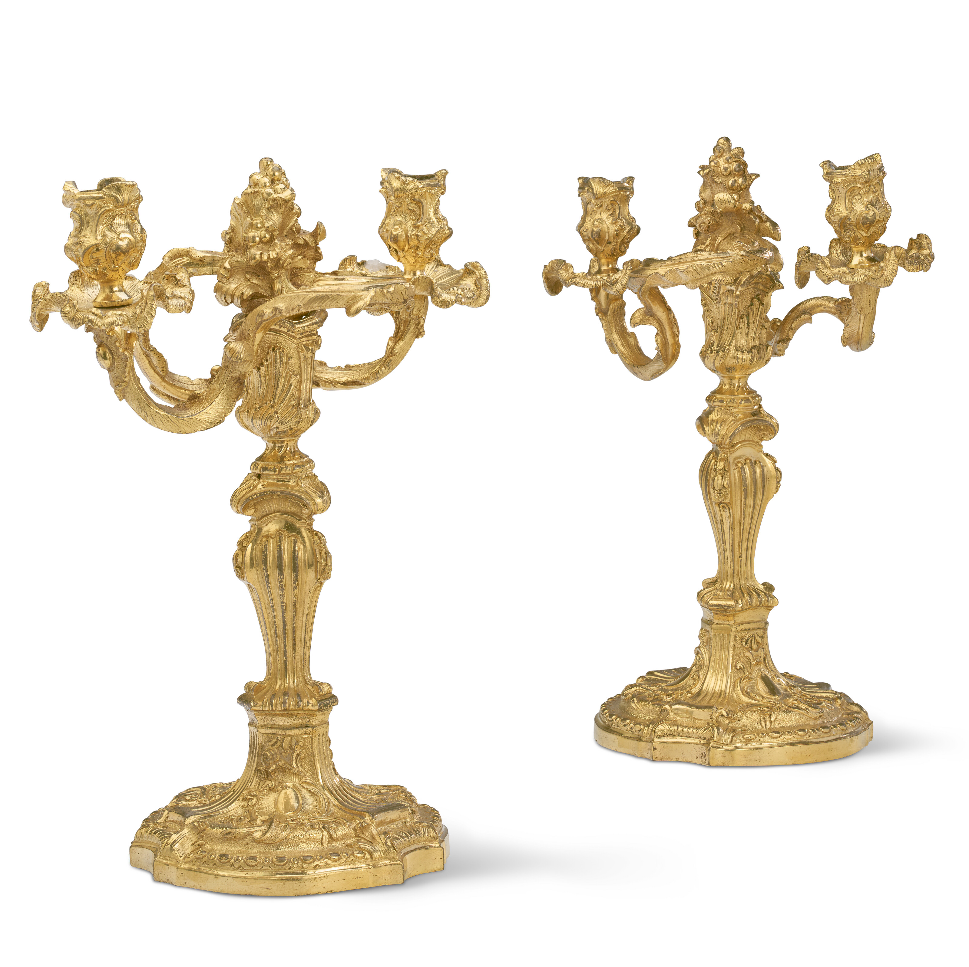 A PAIR OF LOUIS XV ORMOLU TWO-LIGHT CANDELABRA