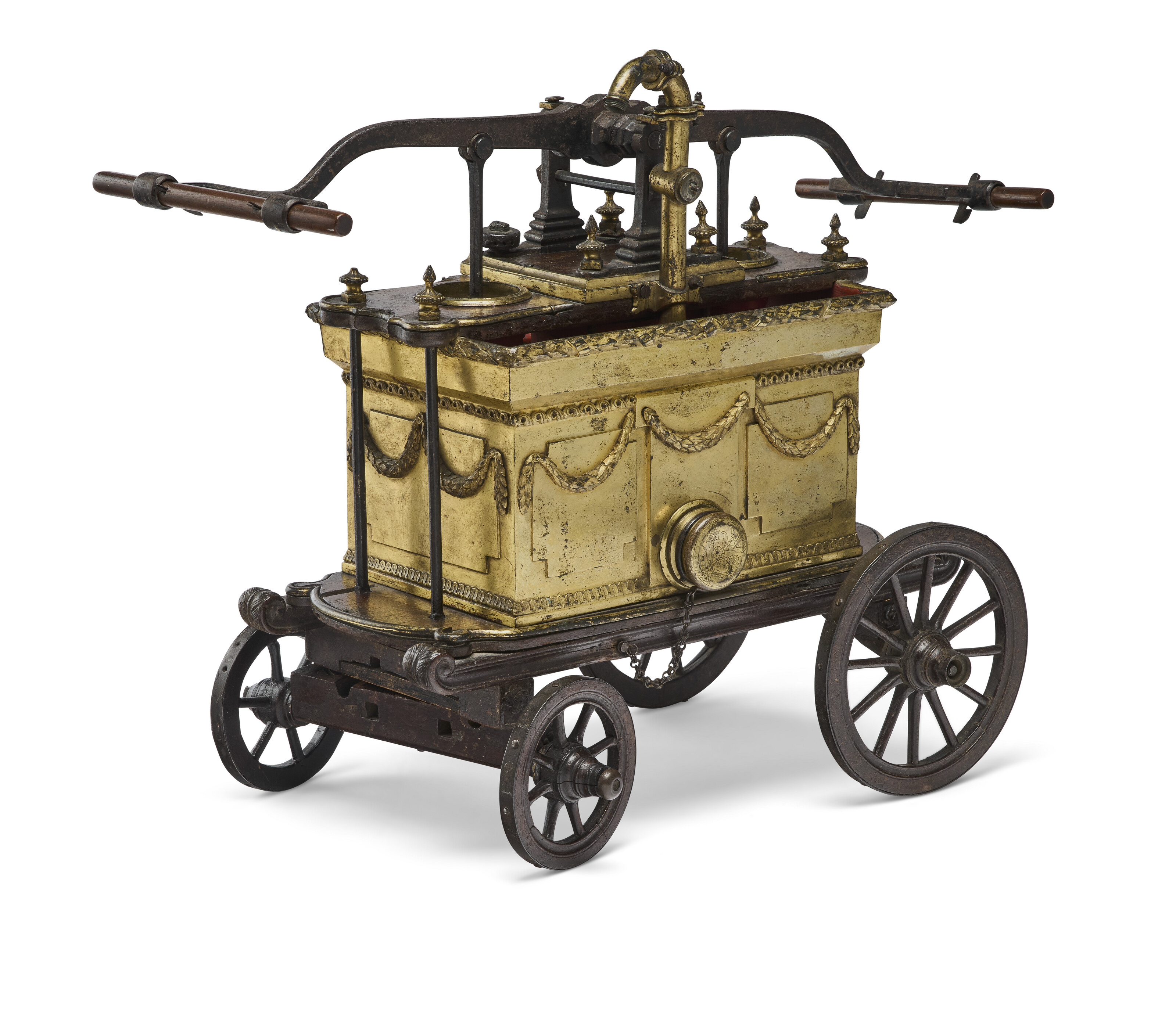 A FRENCH ORMOLU, CAST IRON AND MAHOGANY MODEL OF A FIRE ENGINE