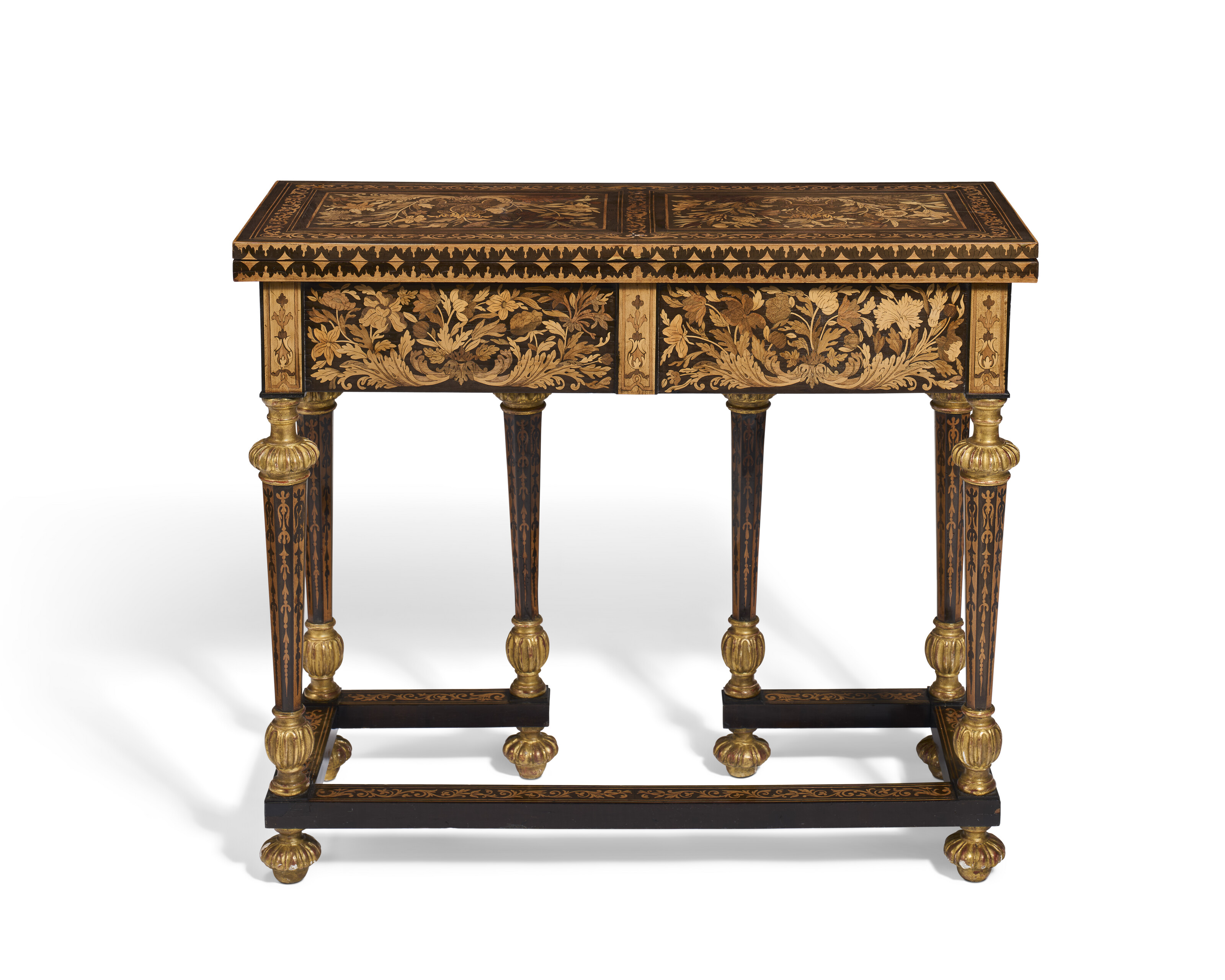 A LOUIS XIV PARCEL-GILT AMARANTH, FRUITWOOD AND MARQUETRY TABLE DE CHANGEUR