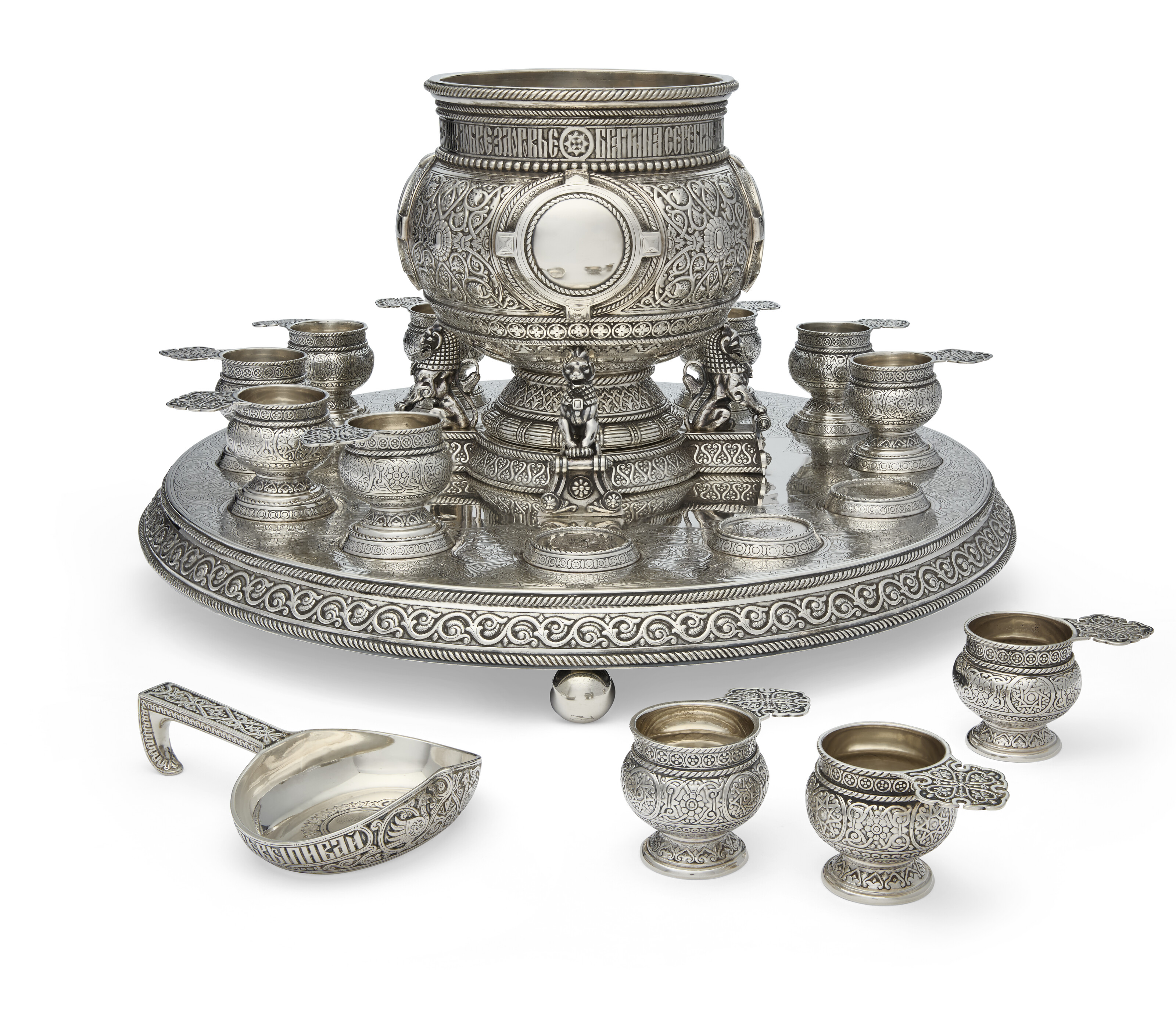 A LARGE RUSSIAN SILVER PUNCH SET