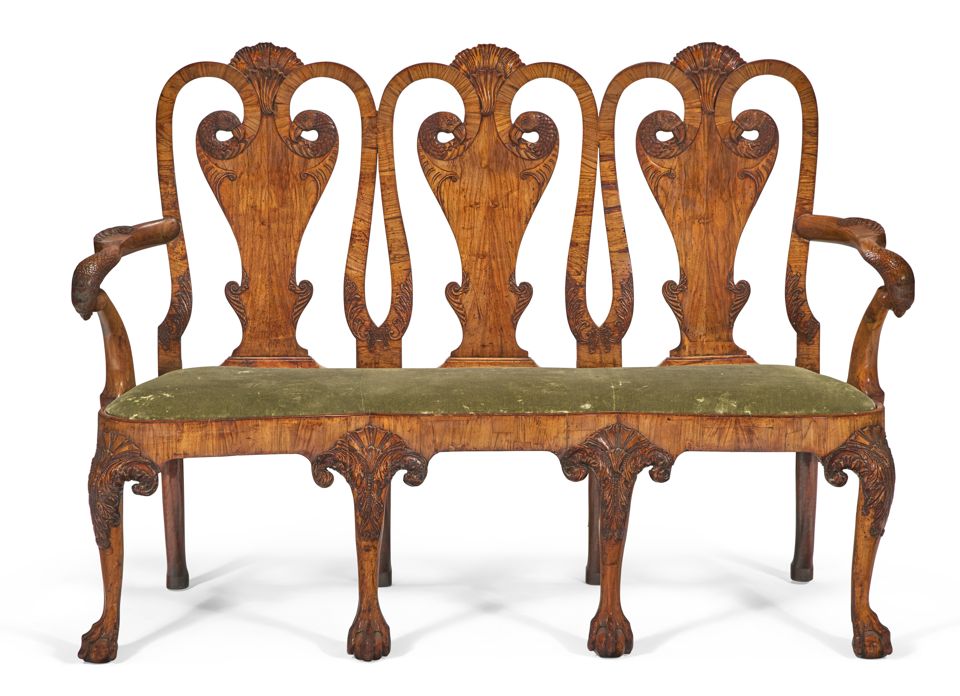 A GEORGE II WALNUT AND WALNUT-VENEERED TRIPLE-BACK SETTEE