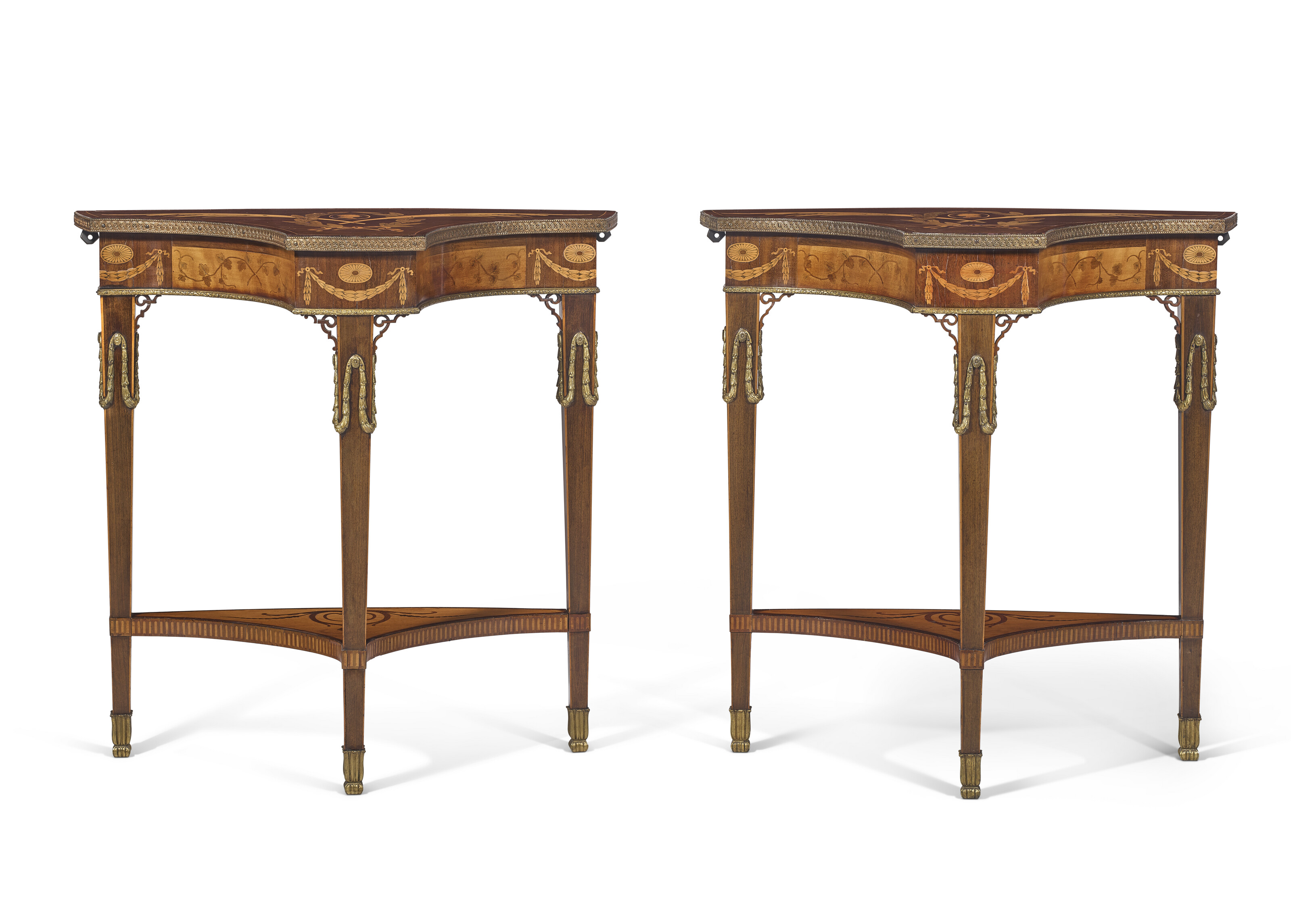 A PAIR OF GEORGE III ORMOLU-MOUNTED SABICU, SATINWOOD, AND MARQUETRY PIER TABLES