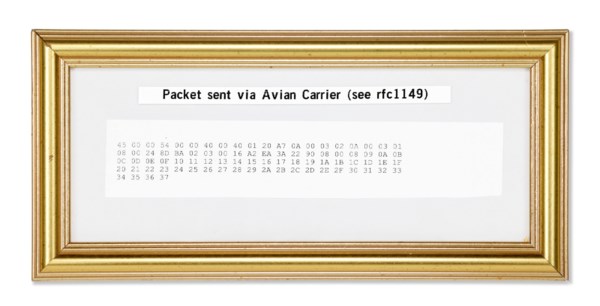 The image shows a gold-colored frame with a white background. The frame contains a black text box that reads "Packet sent via Avian Carrier (see rfc149)". The text box contains a series of numbers, which appear to be a sequence of numbers, possibly a sequence of IP addresses or similar data.
