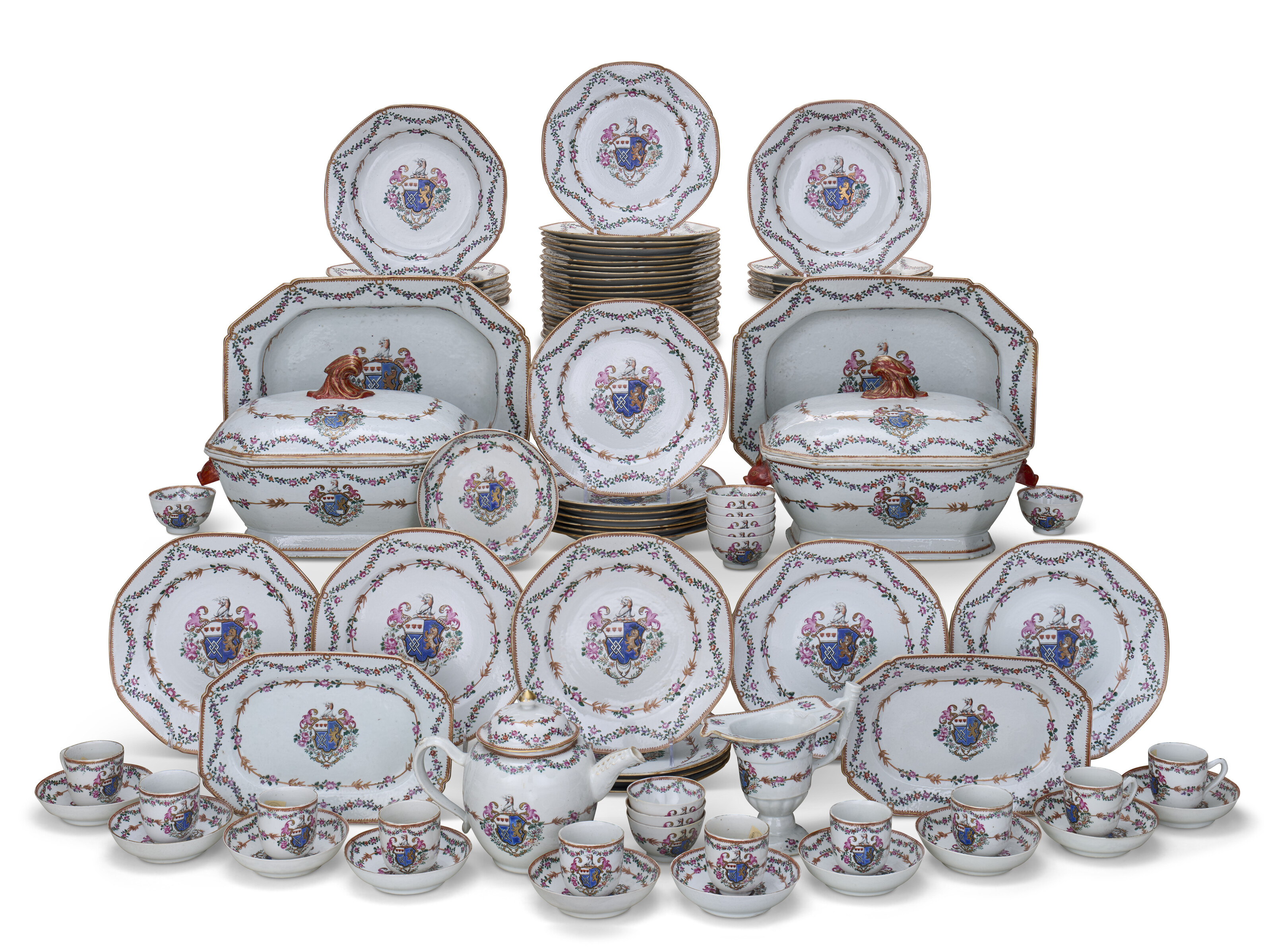 A CHINESE EXPORT PORCELAIN FAMILLE ROSE ARMORIAL PART SERVICE